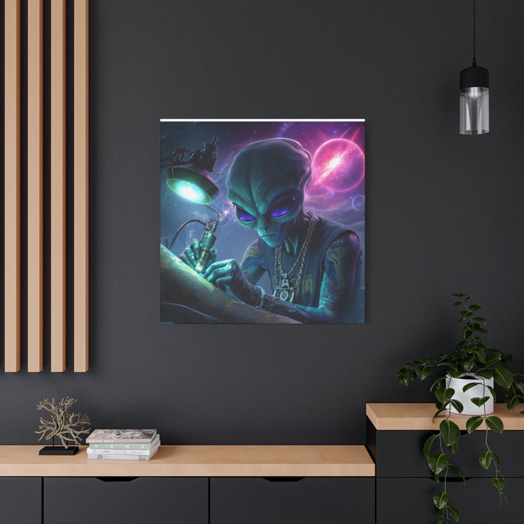 Alien Tattoo Artist Matte Canvas Print — Sci‑Fi Wall Art for Gamers & Nerd Decor
