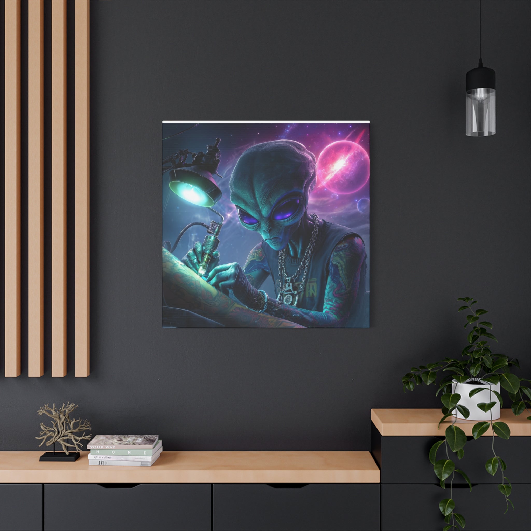 Alien Tattoo Artist Matte Canvas Print — Sci‑Fi Wall Art for Gamers & Nerd Decor