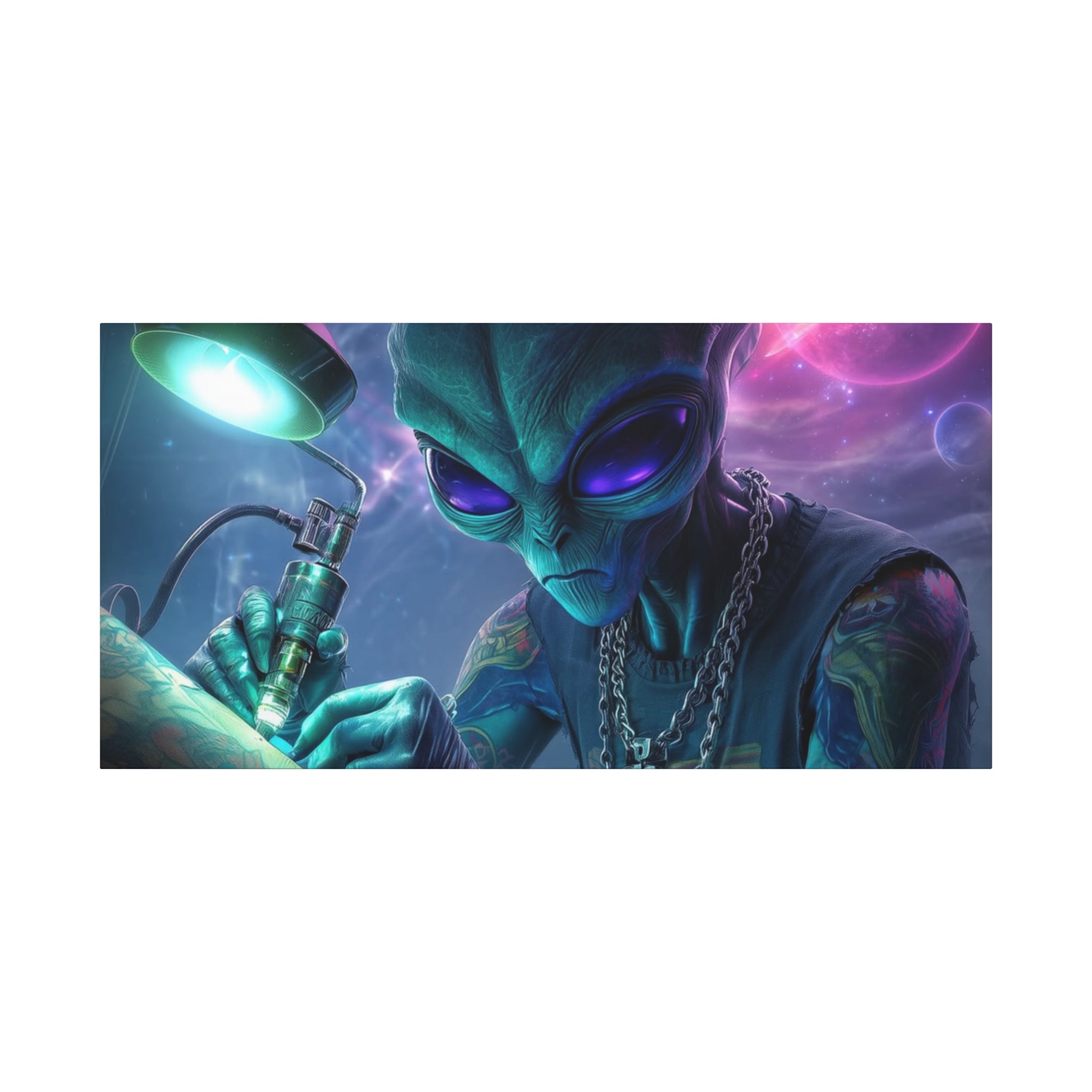 Alien Tattoo Artist Matte Canvas Print — Sci‑Fi Wall Art for Gamers & Nerd Decor