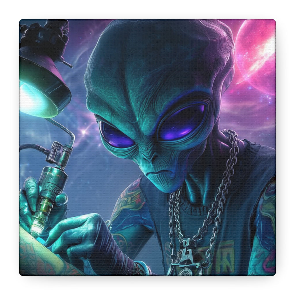 Alien Tattoo Artist Matte Canvas Print — Sci‑Fi Wall Art for Gamers & Nerd Decor