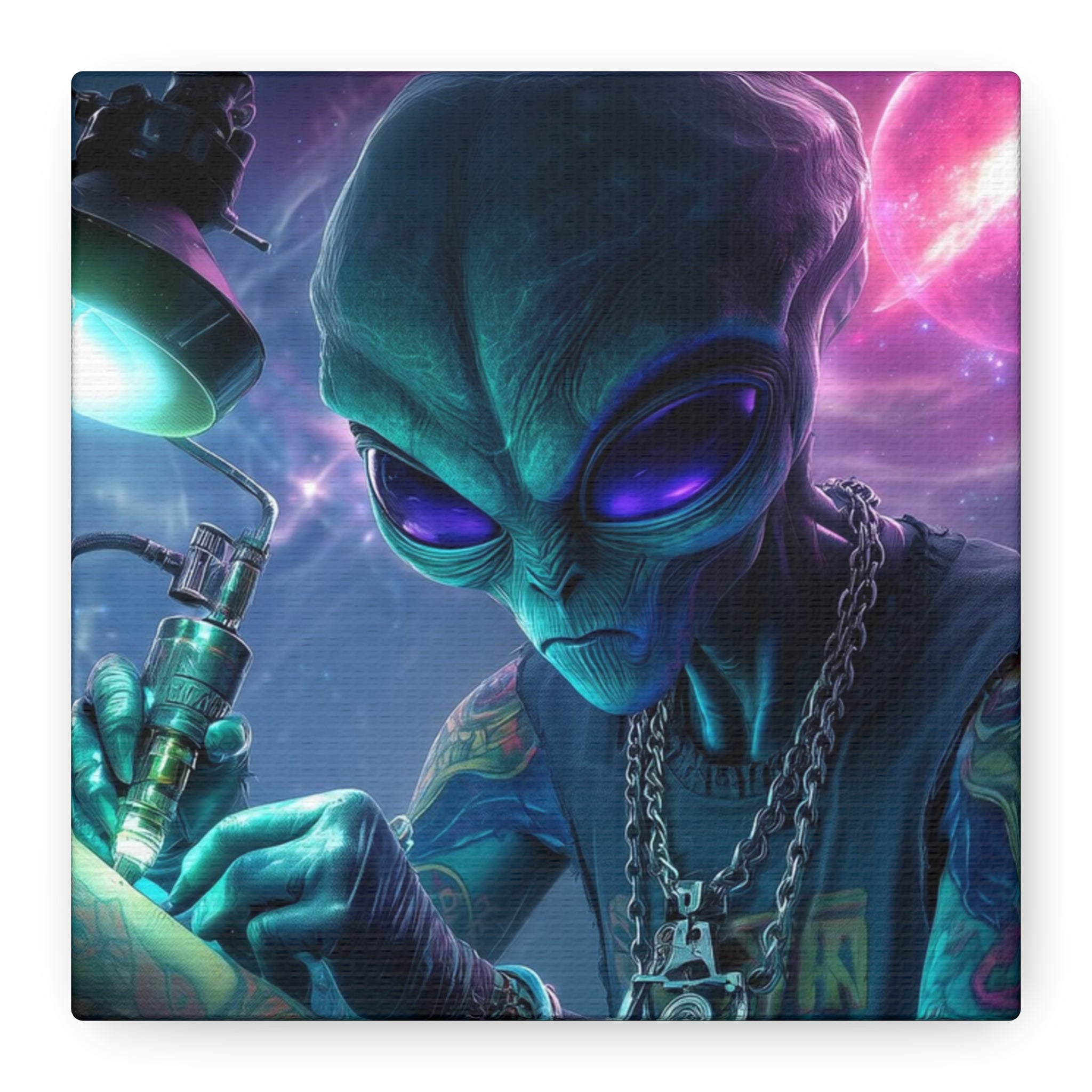 Alien Tattoo Artist Matte Canvas Print — Sci‑Fi Wall Art for Gamers & Nerd Decor