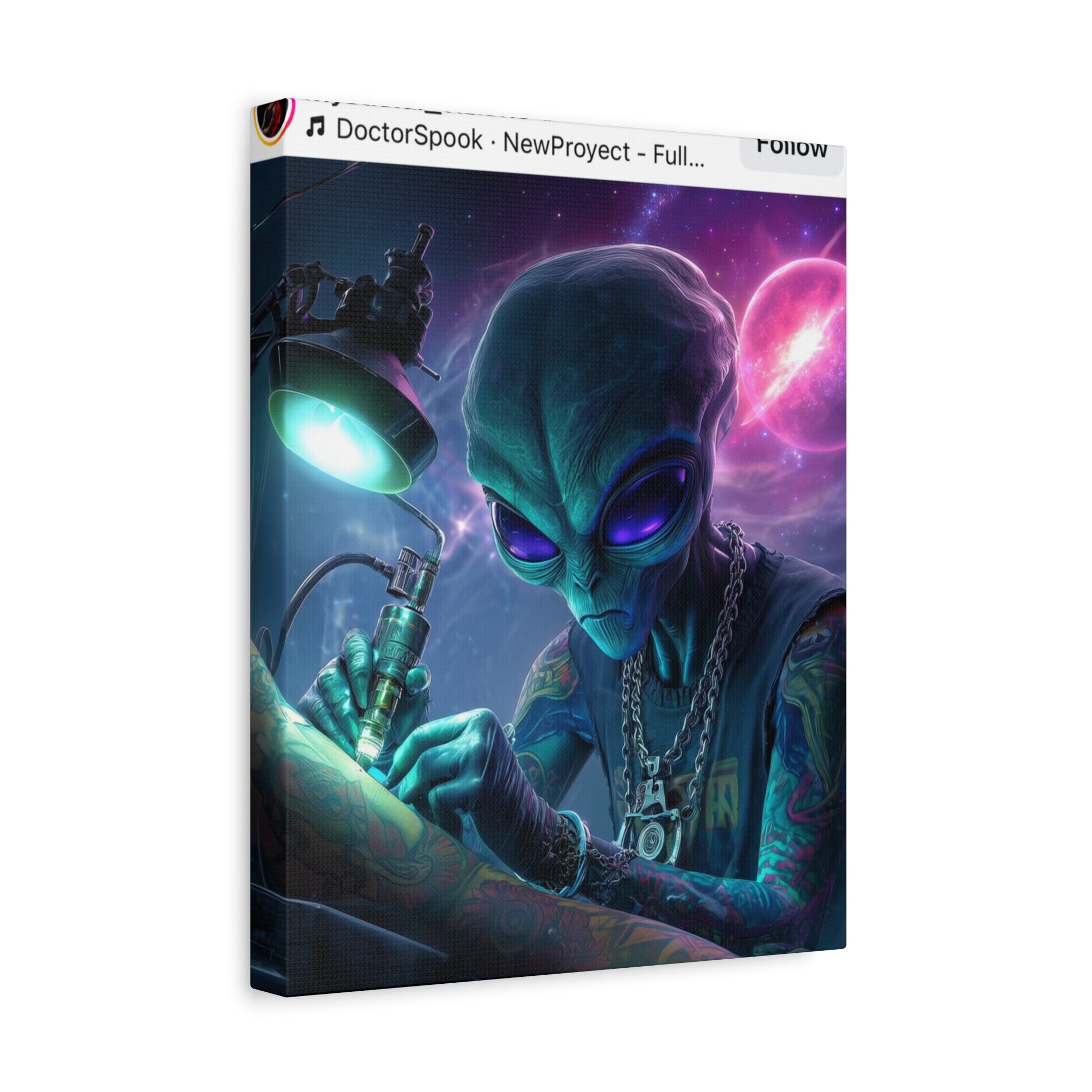 Alien Tattoo Artist Matte Canvas Print — Sci‑Fi Wall Art for Gamers & Nerd Decor