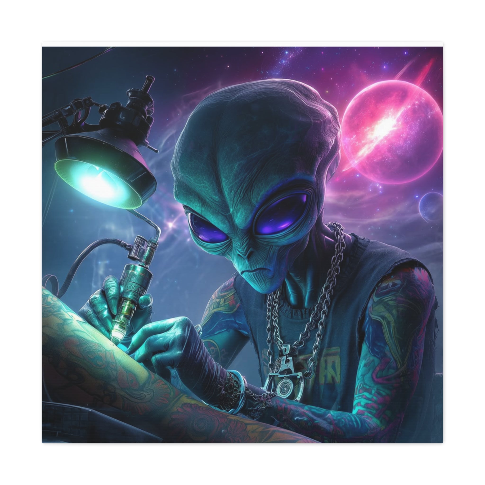 Alien Tattoo Artist Matte Canvas Print — Sci‑Fi Wall Art for Gamers & Nerd Decor