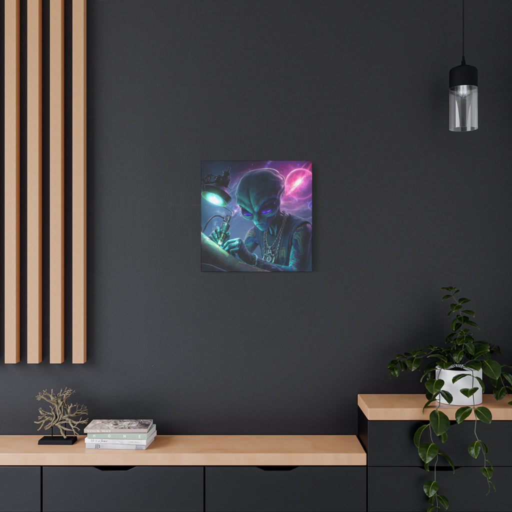 Alien Tattoo Artist Matte Canvas Print — Sci‑Fi Wall Art for Gamers & Nerd Decor