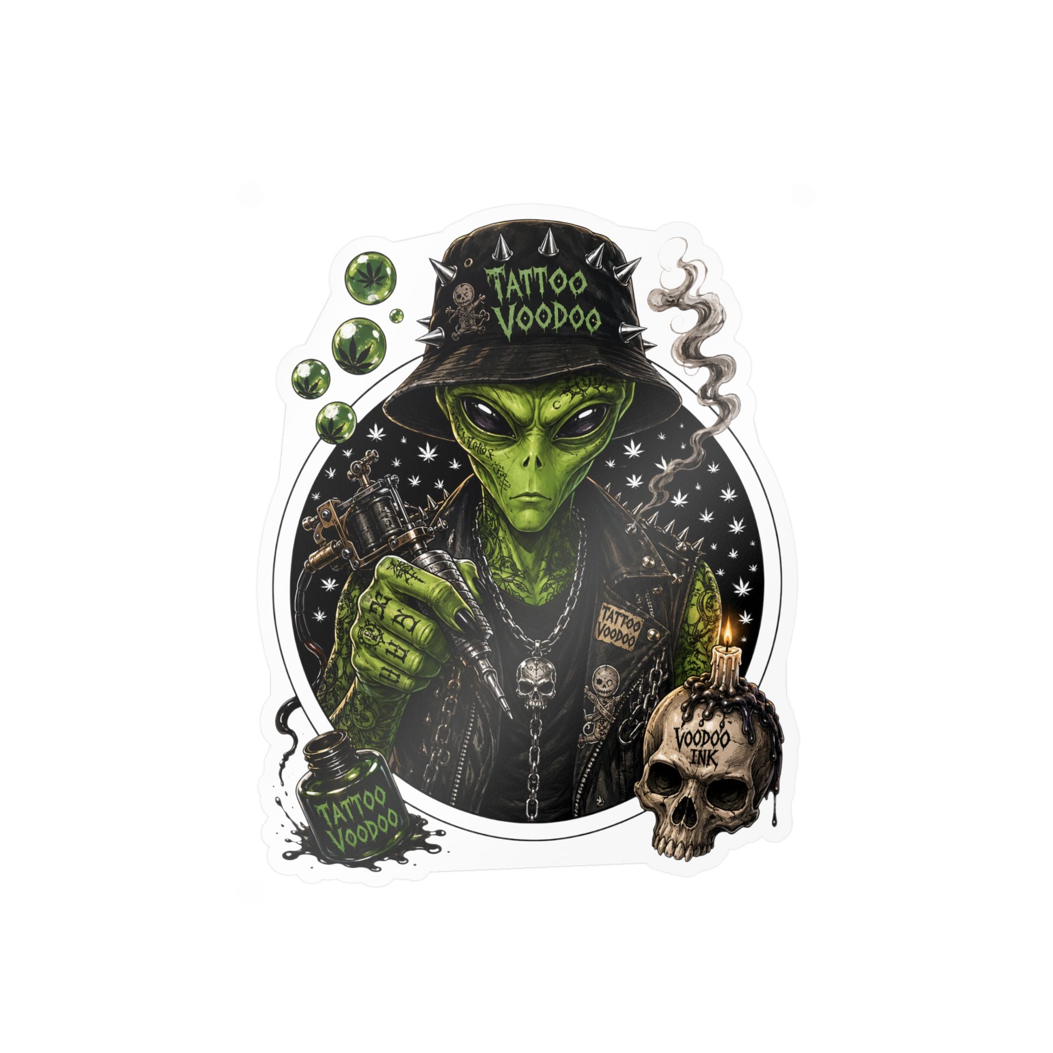 Alien Voodoo Tattoo Kiss-Cut Vinyl Decal — Green Alien with Skull & Smoke