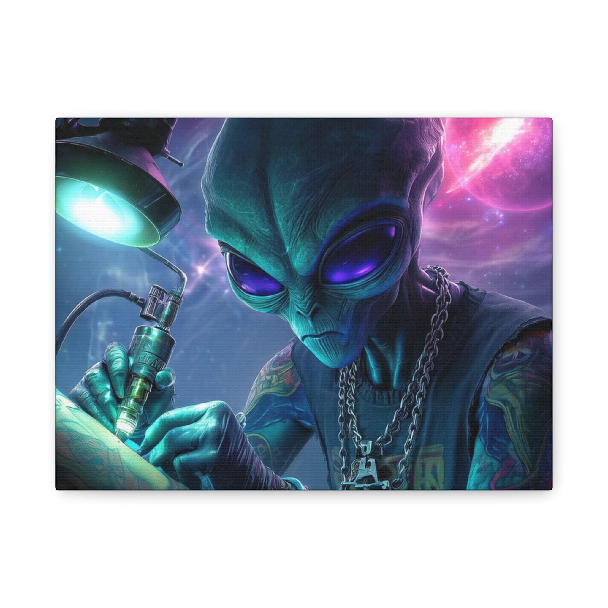 Alien Tattoo Artist Matte Canvas Print — Sci‑Fi Wall Art for Gamers & Nerd Decor