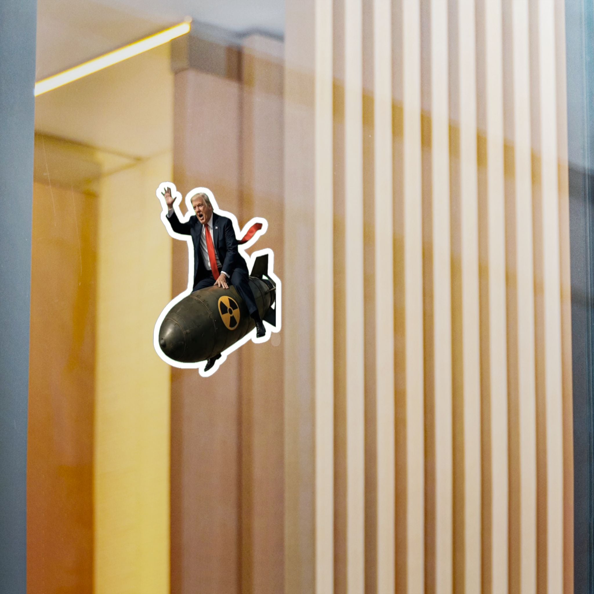 Political Satire Vinyl Sticker — Man Riding Nuclear Bomb Kiss-Cut Decal
