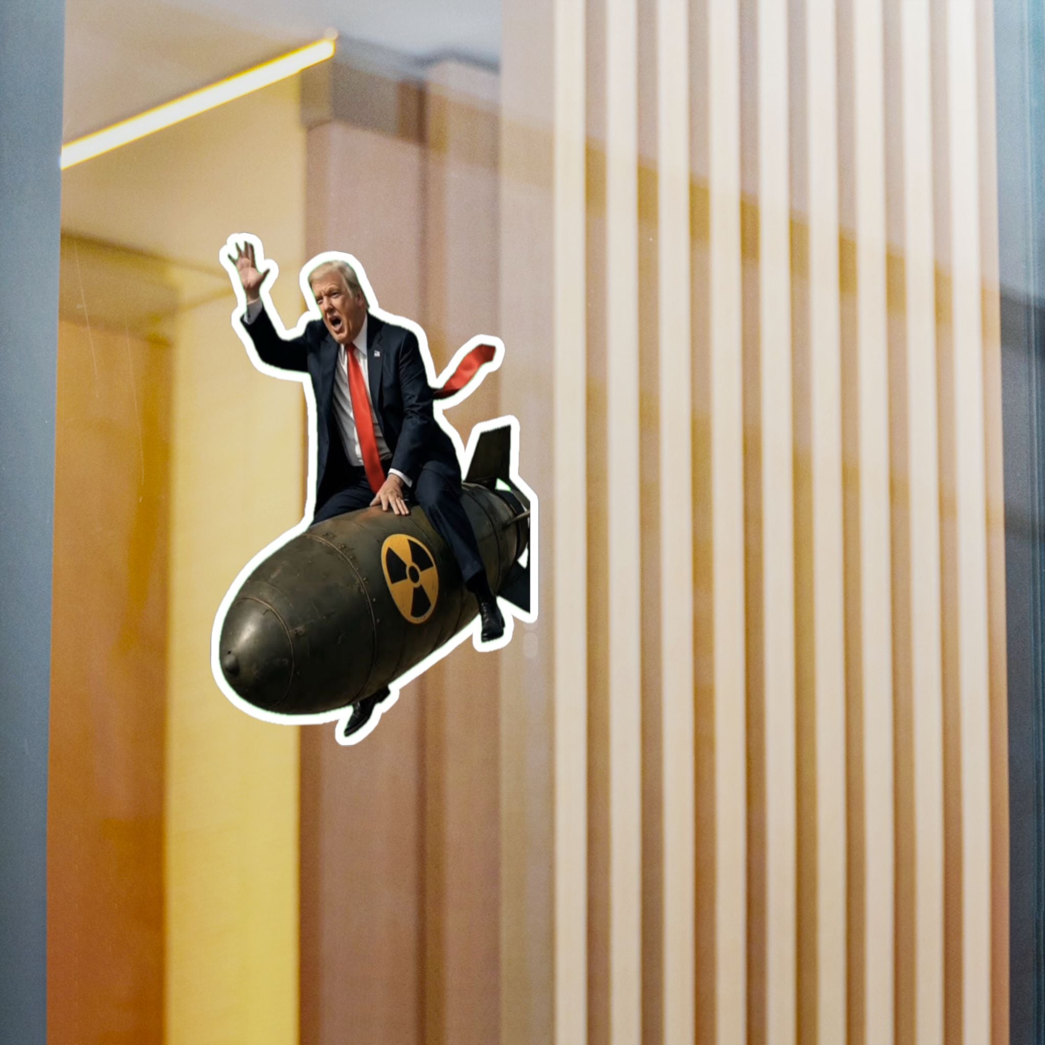 Political Satire Vinyl Sticker — Man Riding Nuclear Bomb Kiss-Cut Decal