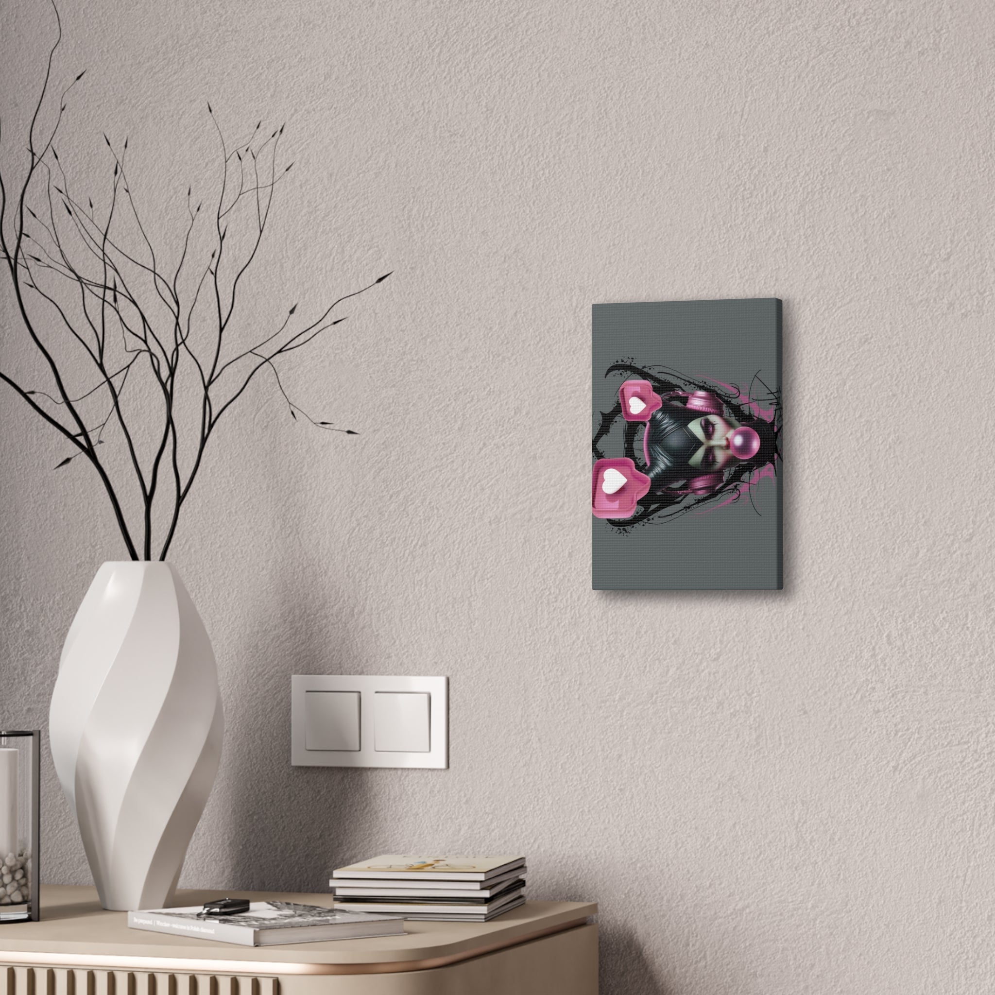 Gothic Pop Art Canvas Print — Pink Headphones & Bubblegum Femme