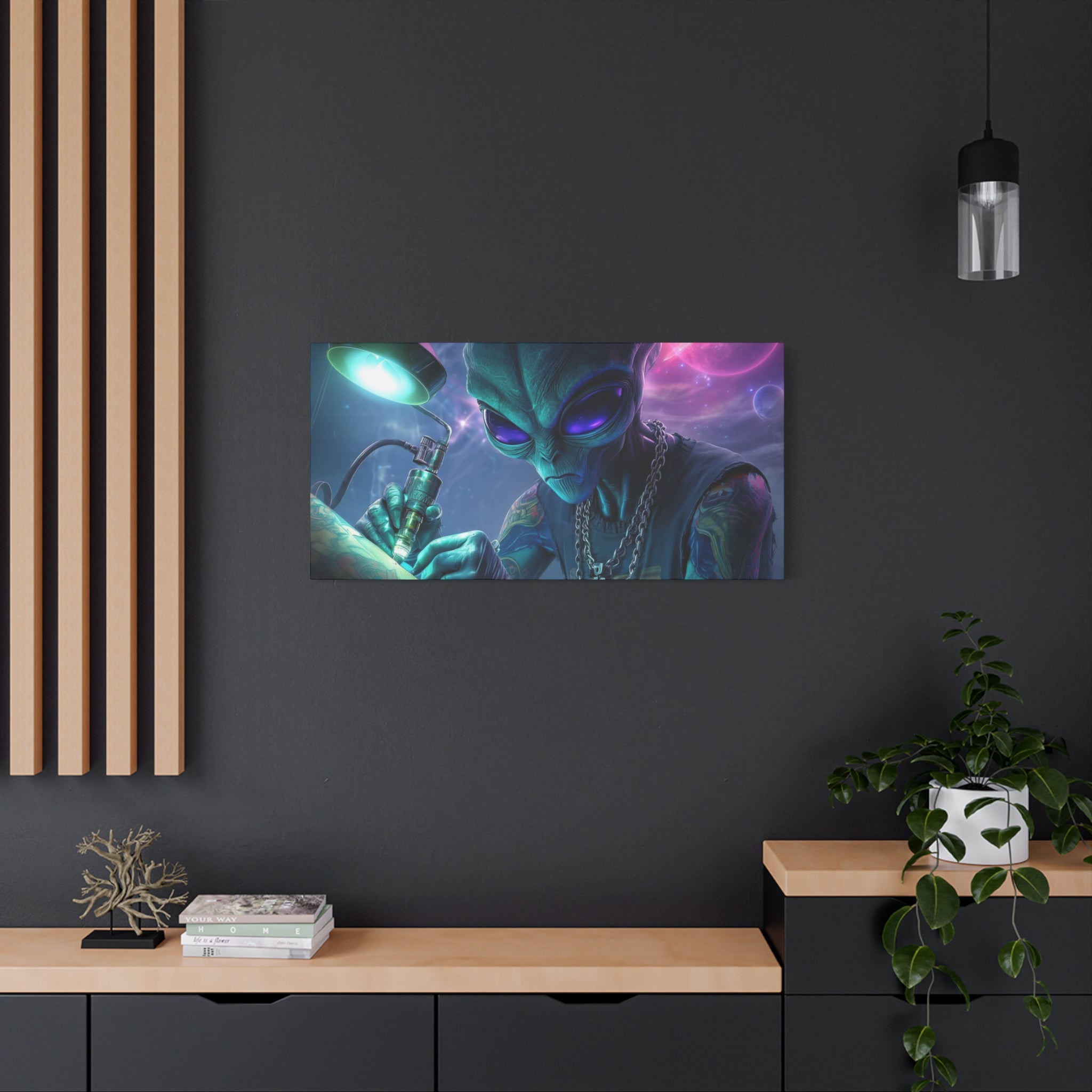 Alien Tattoo Artist Matte Canvas Print — Sci‑Fi Wall Art for Gamers & Nerd Decor
