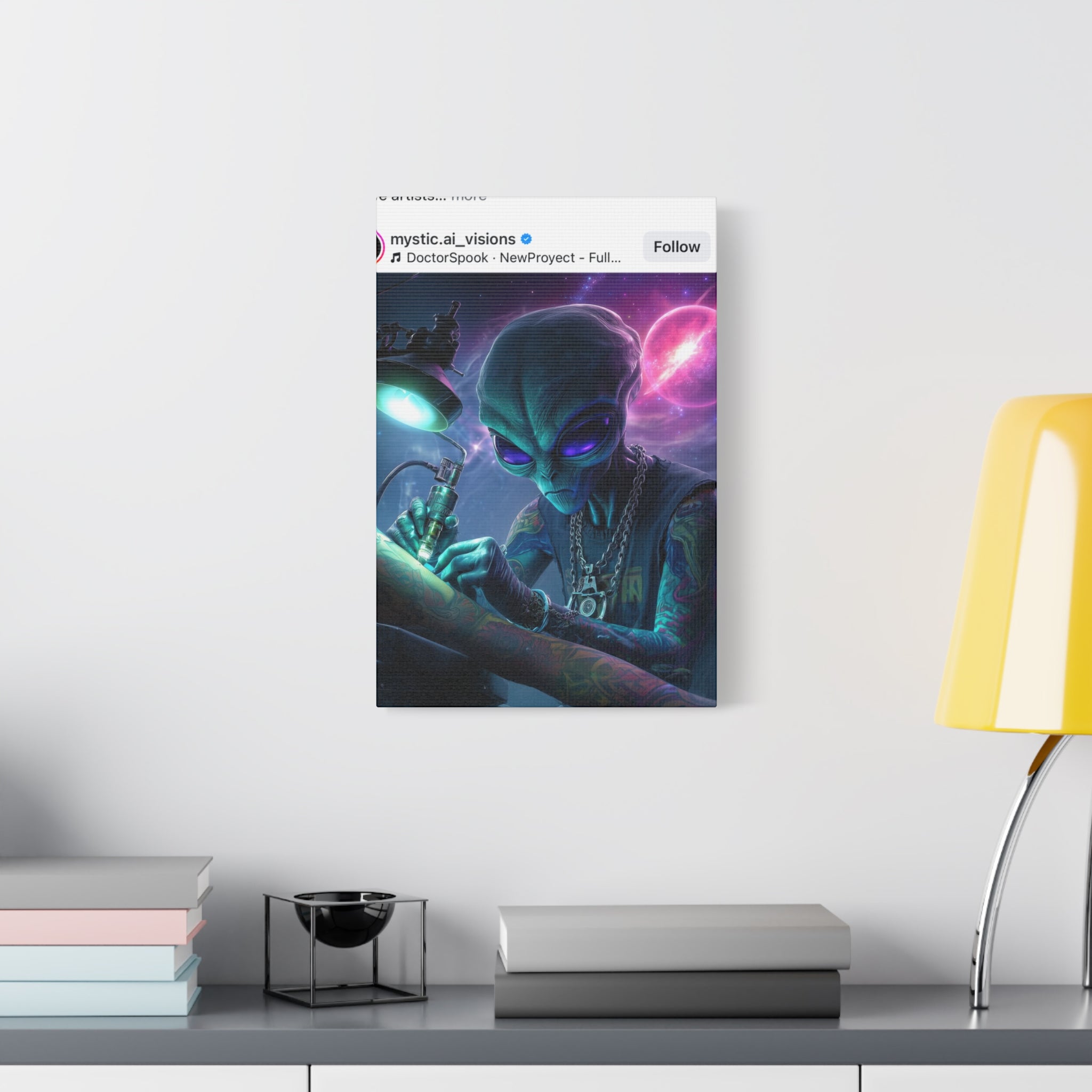 Alien Tattoo Artist Matte Canvas Print — Sci‑Fi Wall Art for Gamers & Nerd Decor