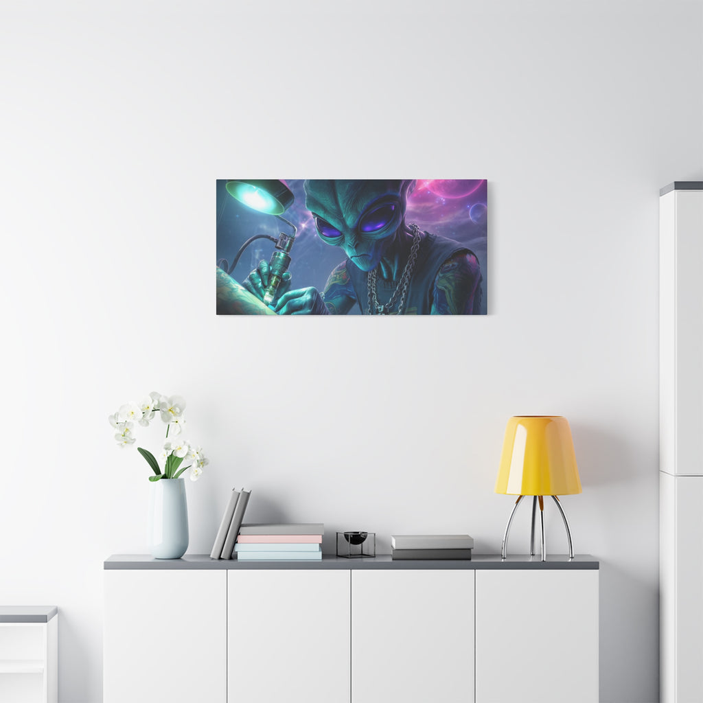 Alien Tattoo Artist Matte Canvas Print — Sci‑Fi Wall Art for Gamers & Nerd Decor