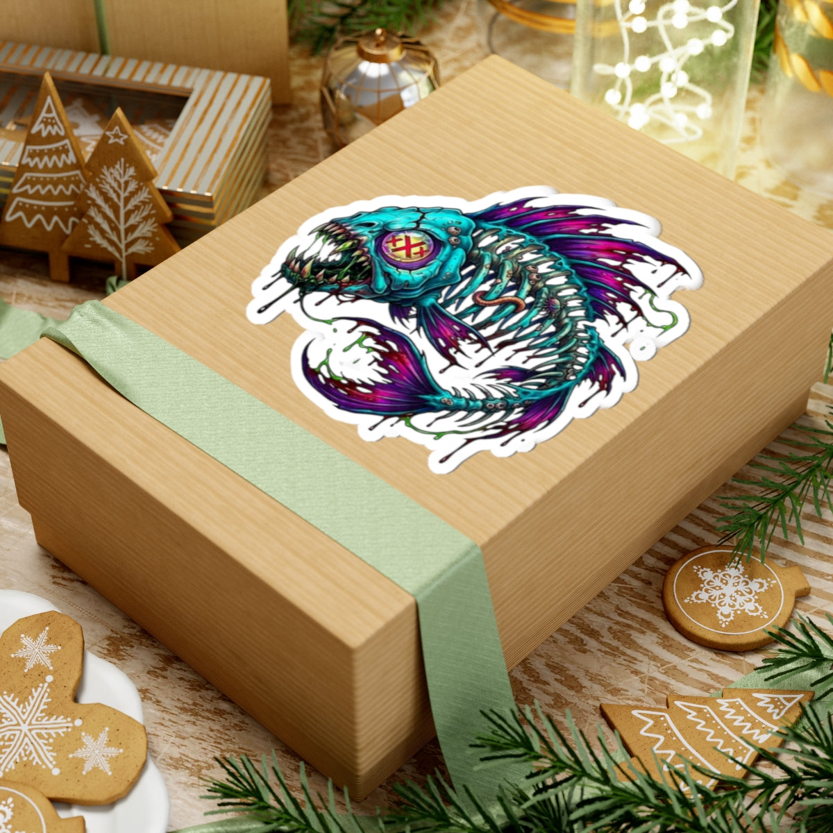 Neon Zombie Fish Sticker — Kiss-Cut Vinyl Decal for Laptops & Skateboards