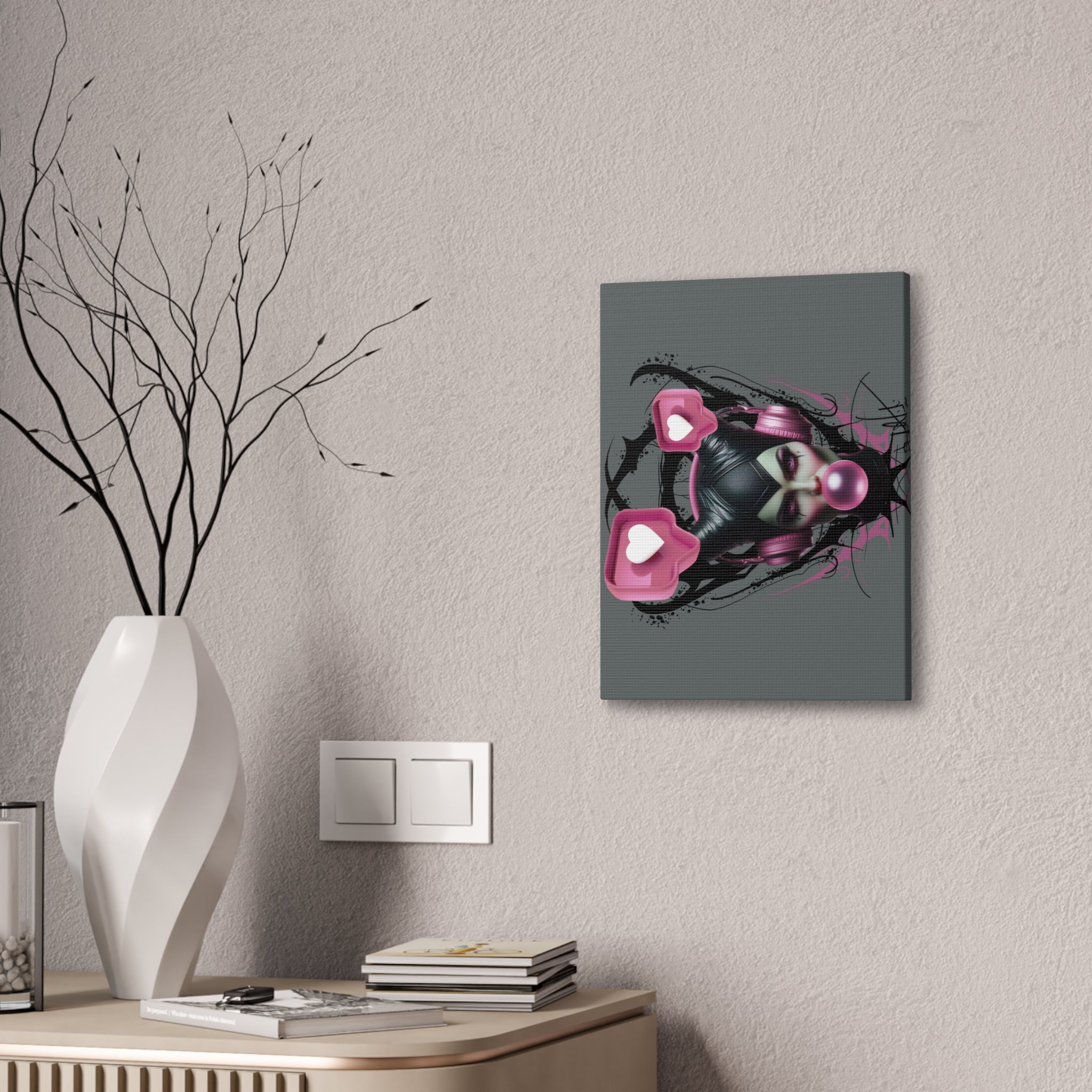 Gothic Pop Art Canvas Print — Pink Headphones & Bubblegum Femme
