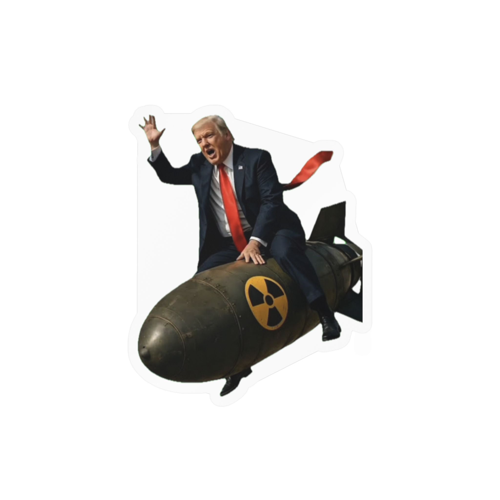 Political Satire Vinyl Sticker — Man Riding Nuclear Bomb Kiss-Cut Decal
