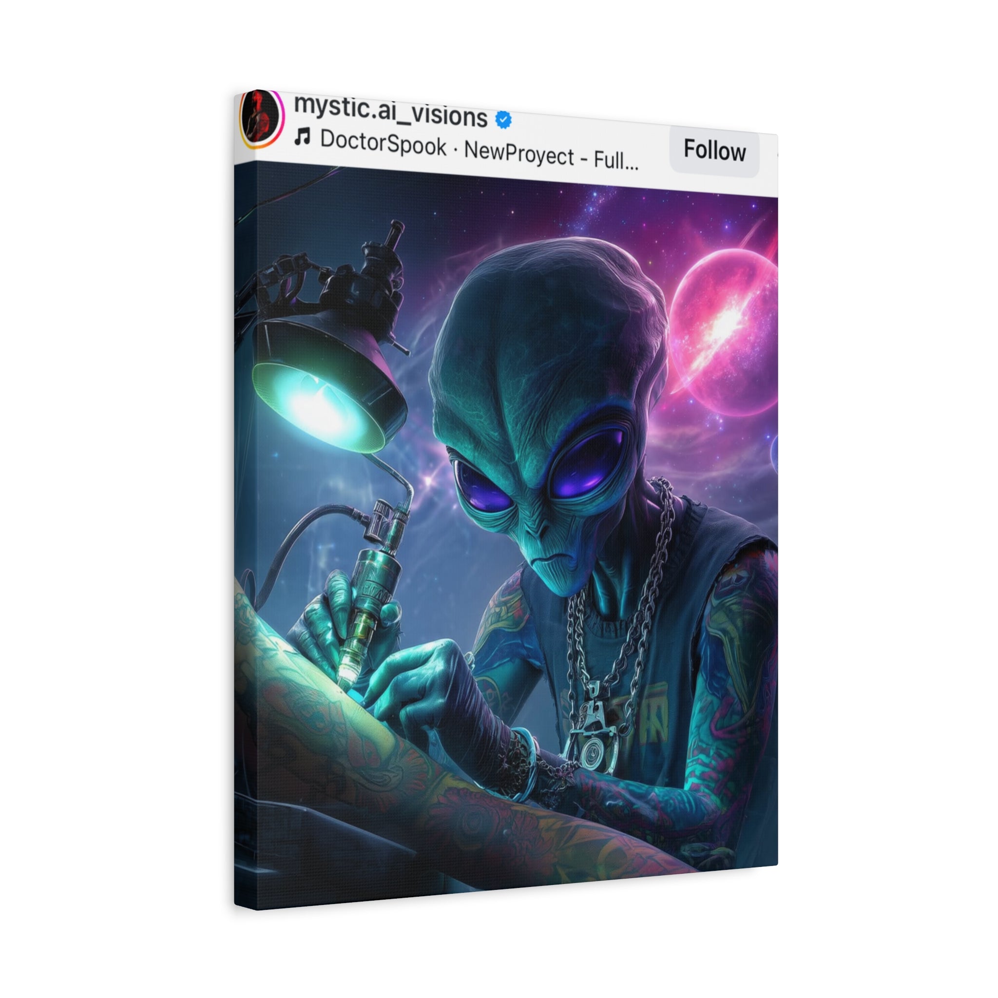 Alien Tattoo Artist Matte Canvas Print — Sci‑Fi Wall Art for Gamers & Nerd Decor