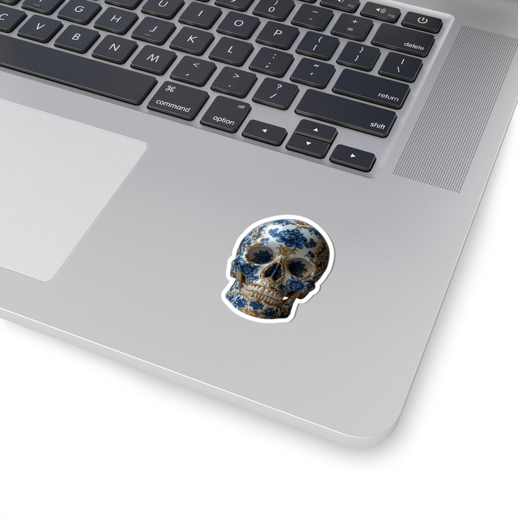 Blue Floral Porcelain Skull Sticker