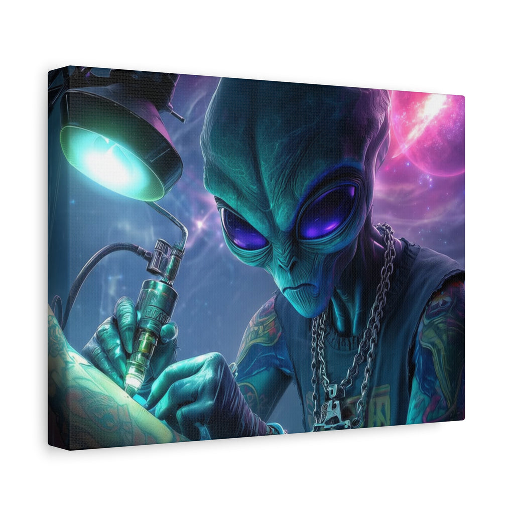 Alien Tattoo Artist Matte Canvas Print — Sci‑Fi Wall Art for Gamers & Nerd Decor