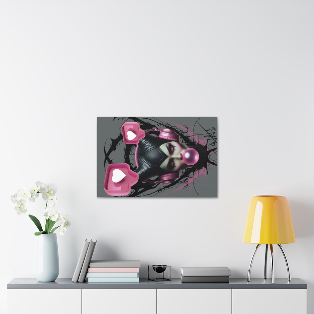 Gothic Pop Art Canvas Print — Pink Headphones & Bubblegum Femme