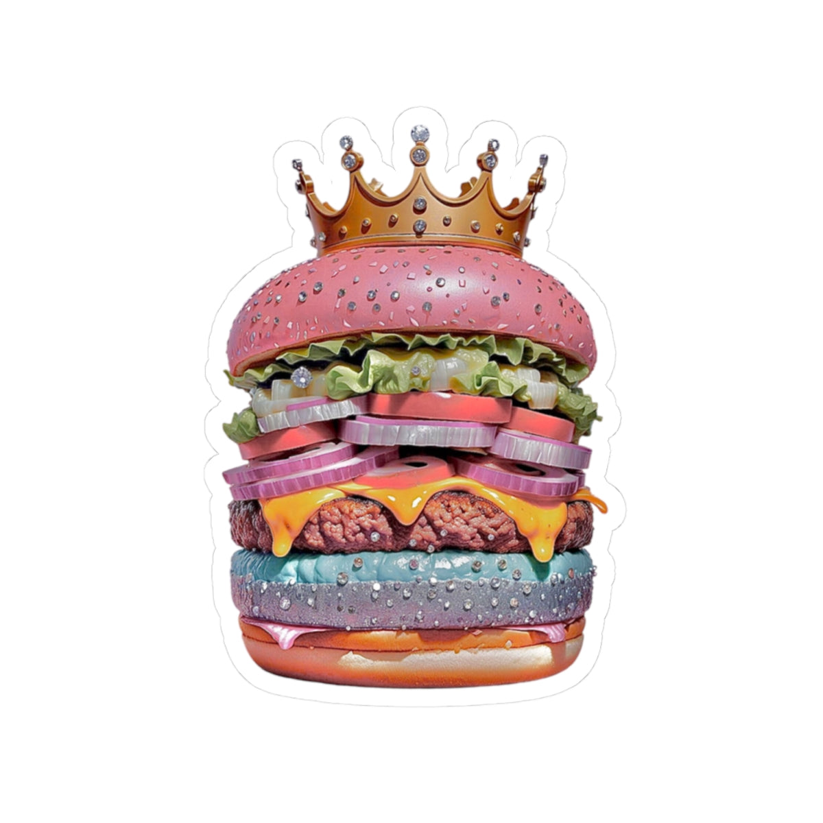 Royal Rainbow Burger Kiss-Cut Sticker — Funky Crowned Cheeseburger Decal