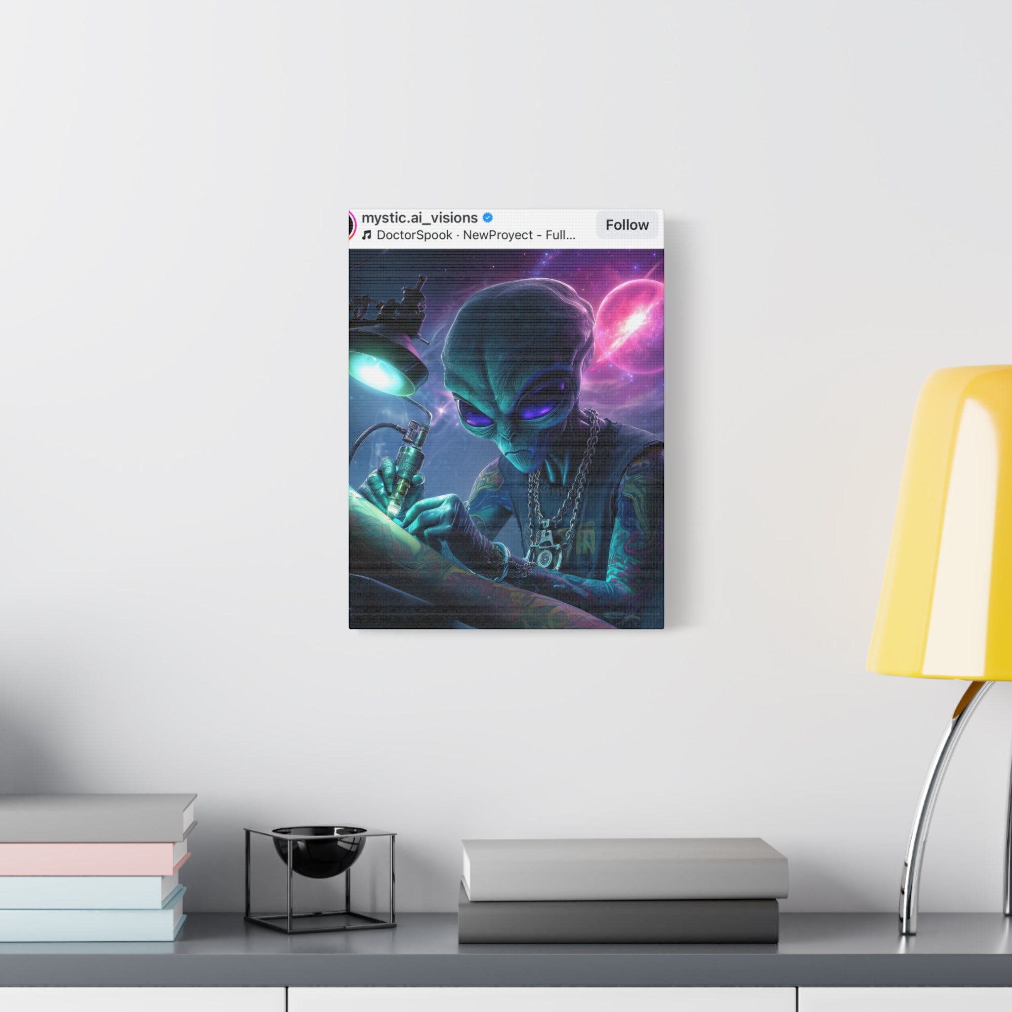 Alien Tattoo Artist Matte Canvas Print — Sci‑Fi Wall Art for Gamers & Nerd Decor