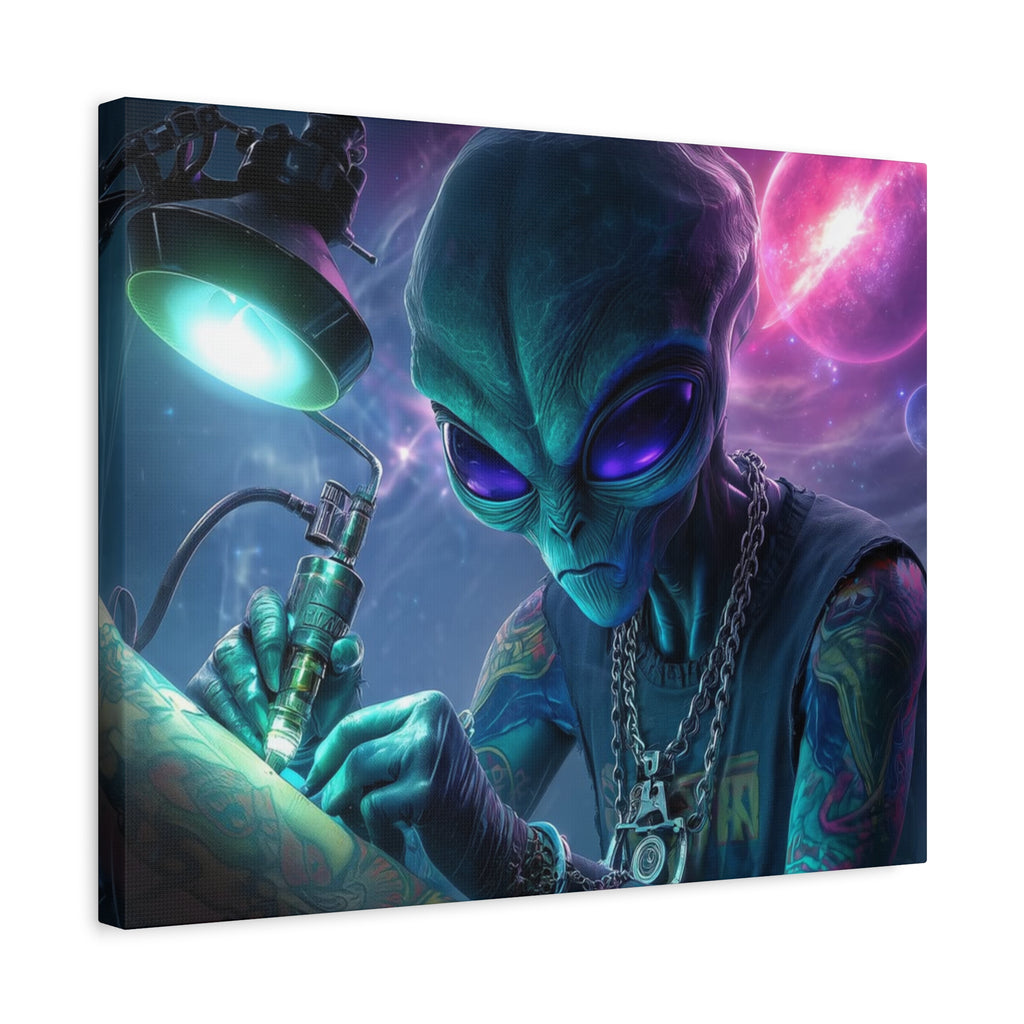 Alien Tattoo Artist Matte Canvas Print — Sci‑Fi Wall Art for Gamers & Nerd Decor