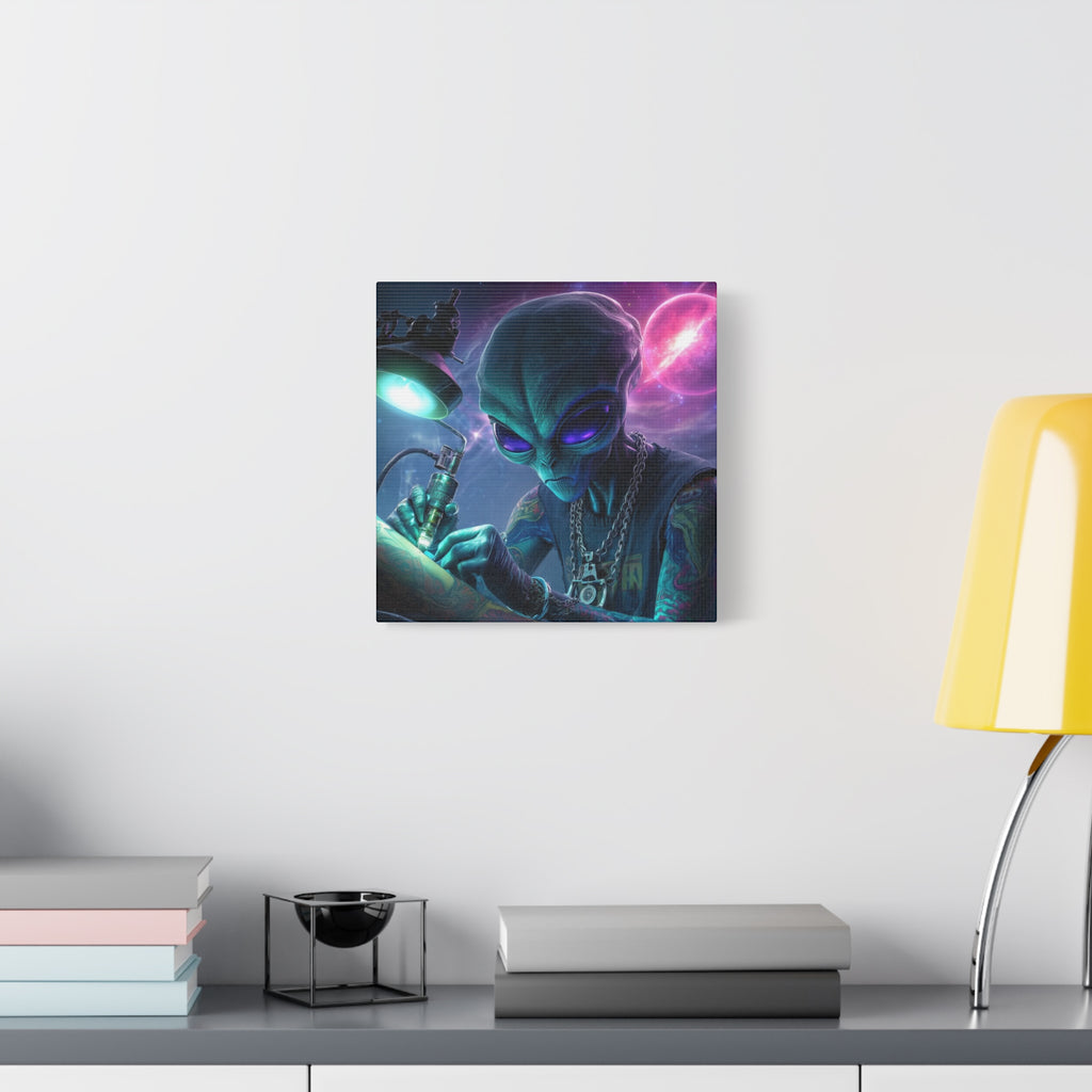 Alien Tattoo Artist Matte Canvas Print — Sci‑Fi Wall Art for Gamers & Nerd Decor