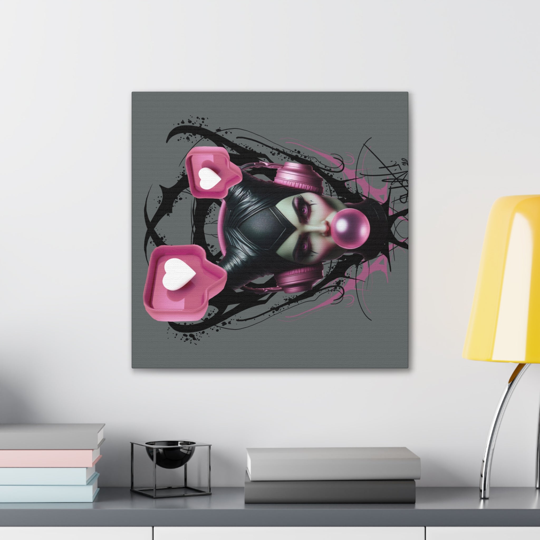 Gothic Pop Art Canvas Print — Pink Headphones & Bubblegum Femme