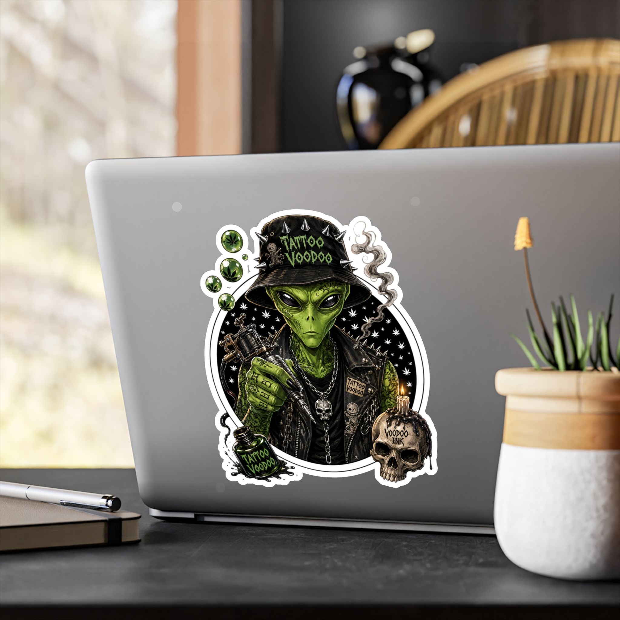 Alien Voodoo Tattoo Kiss-Cut Vinyl Decal — Green Alien with Skull & Smoke