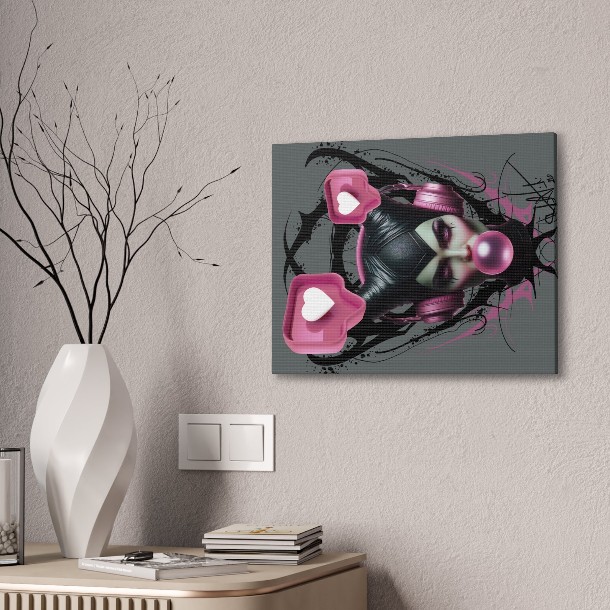 Gothic Pop Art Canvas Print — Pink Headphones & Bubblegum Femme