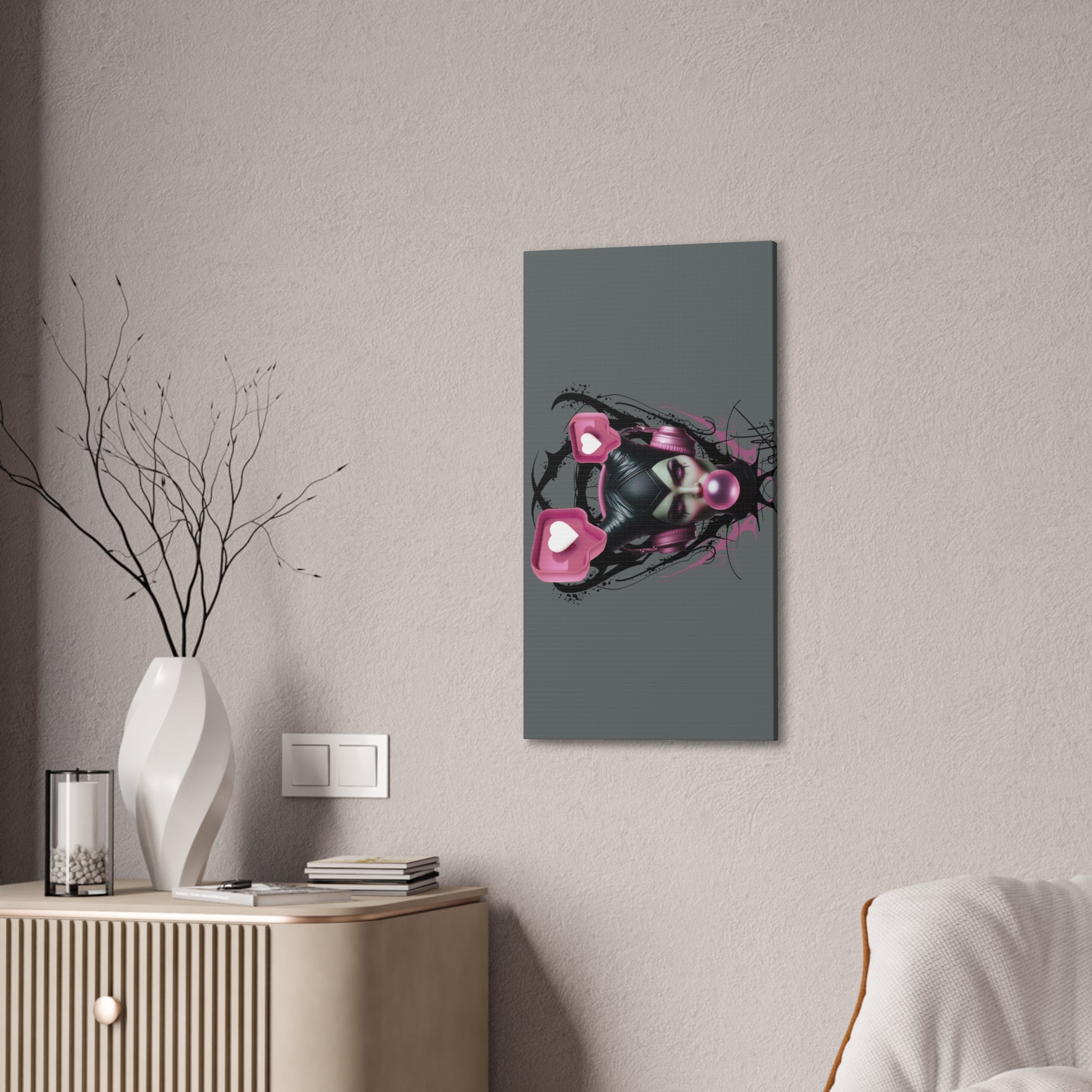 Gothic Pop Art Canvas Print — Pink Headphones & Bubblegum Femme