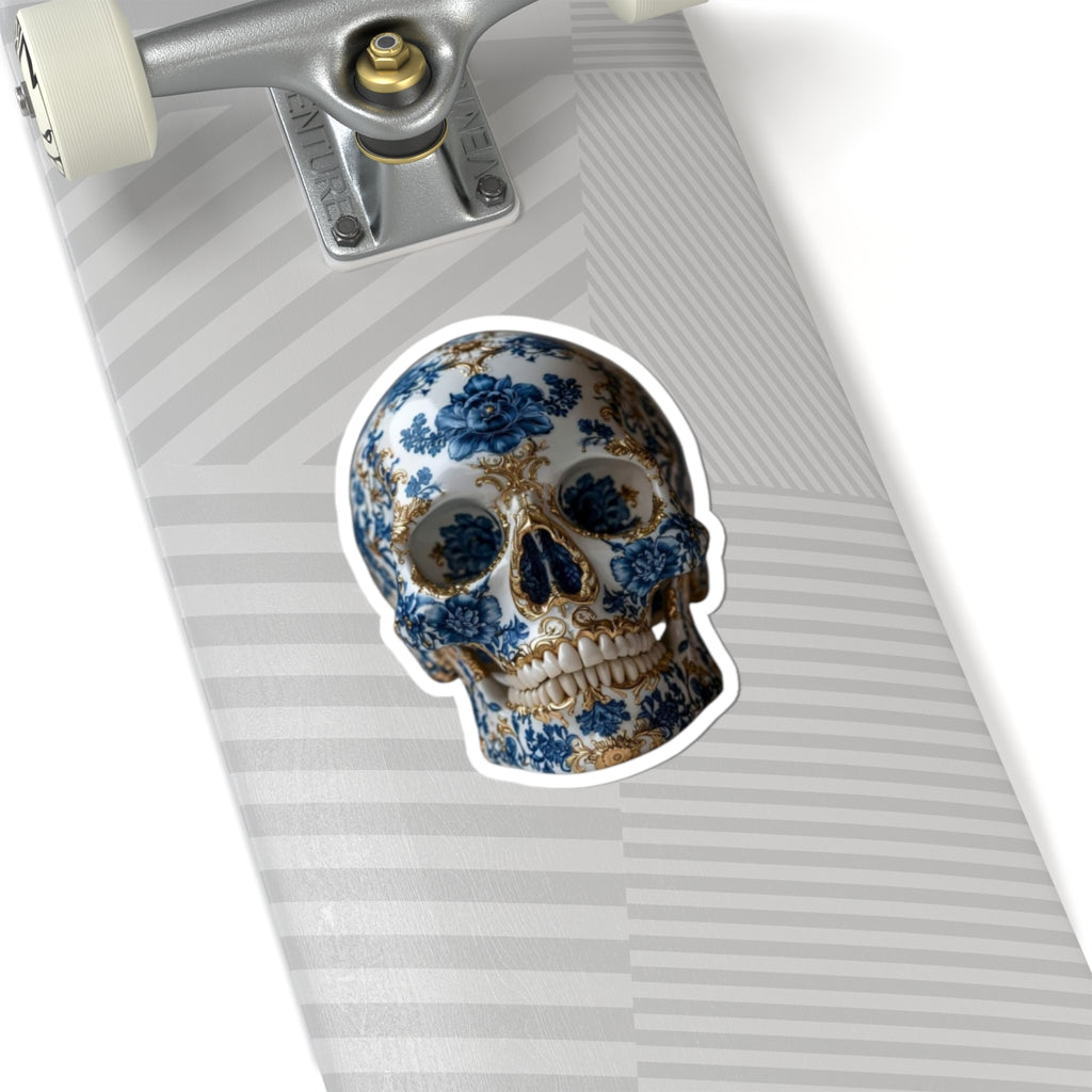 Blue Floral Porcelain Skull Sticker