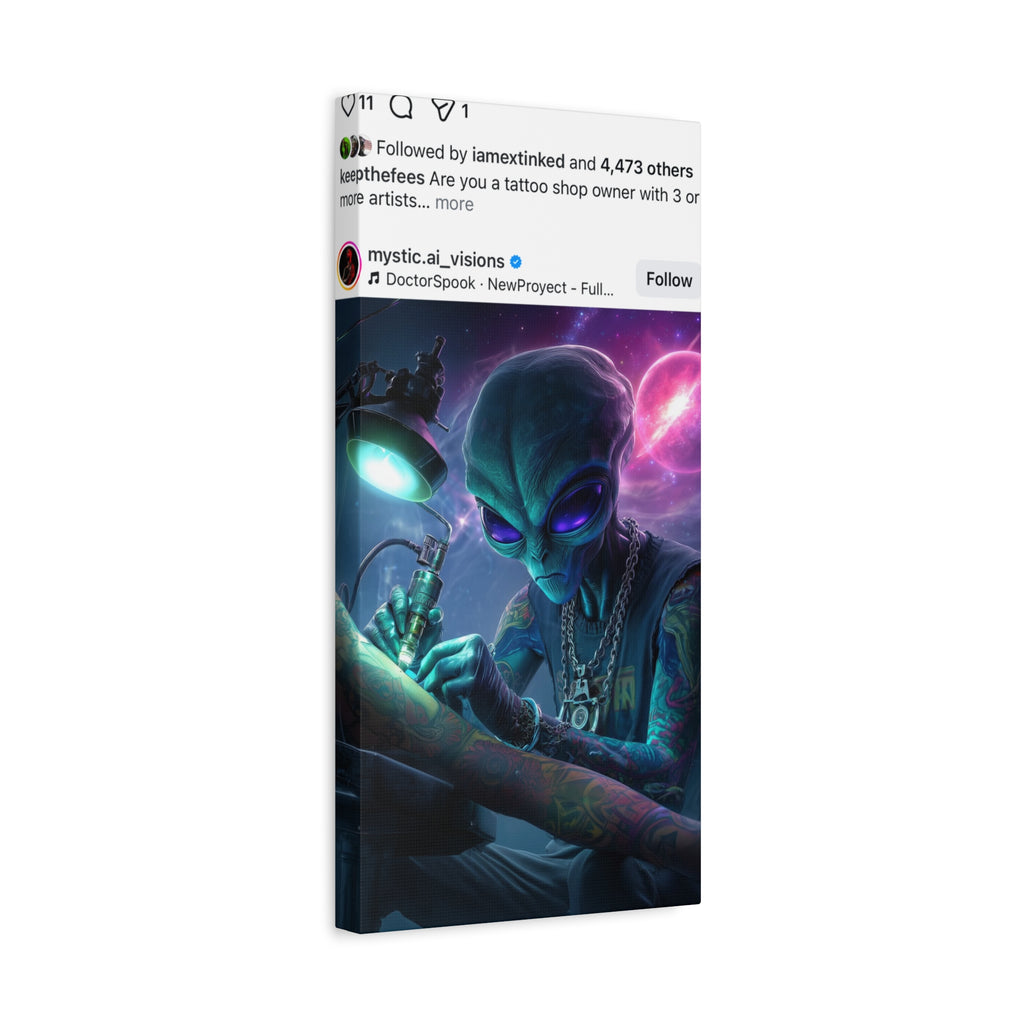 Alien Tattoo Artist Matte Canvas Print — Sci‑Fi Wall Art for Gamers & Nerd Decor