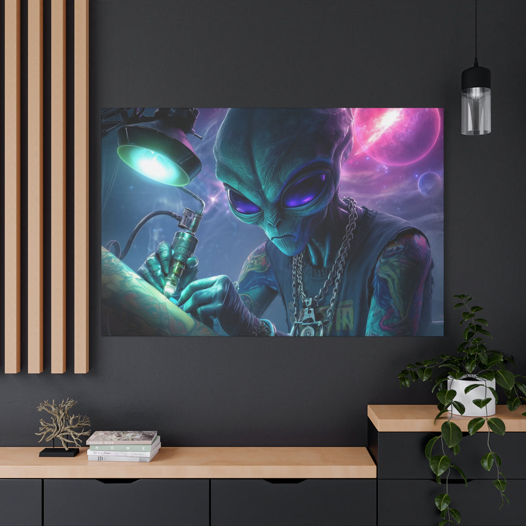 Alien Tattoo Artist Matte Canvas Print — Sci‑Fi Wall Art for Gamers & Nerd Decor