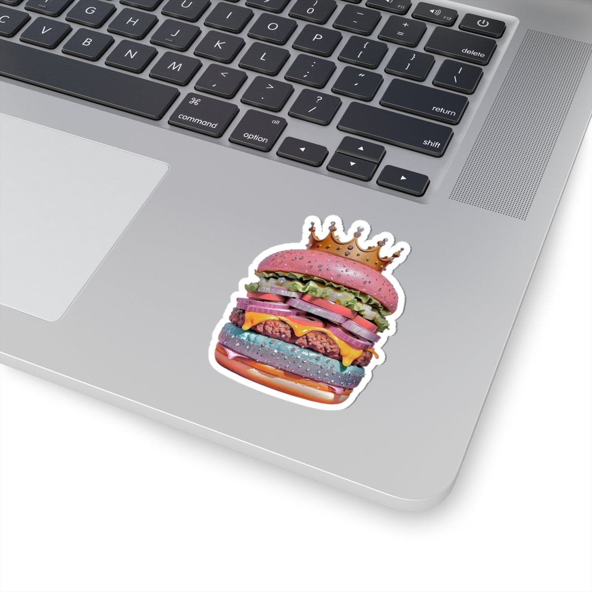 Royal Rainbow Burger Kiss-Cut Sticker — Funky Crowned Cheeseburger Decal