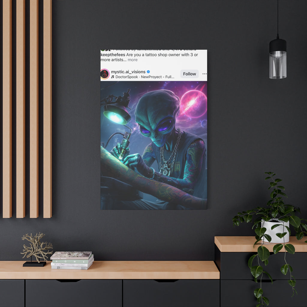 Alien Tattoo Artist Matte Canvas Print — Sci‑Fi Wall Art for Gamers & Nerd Decor
