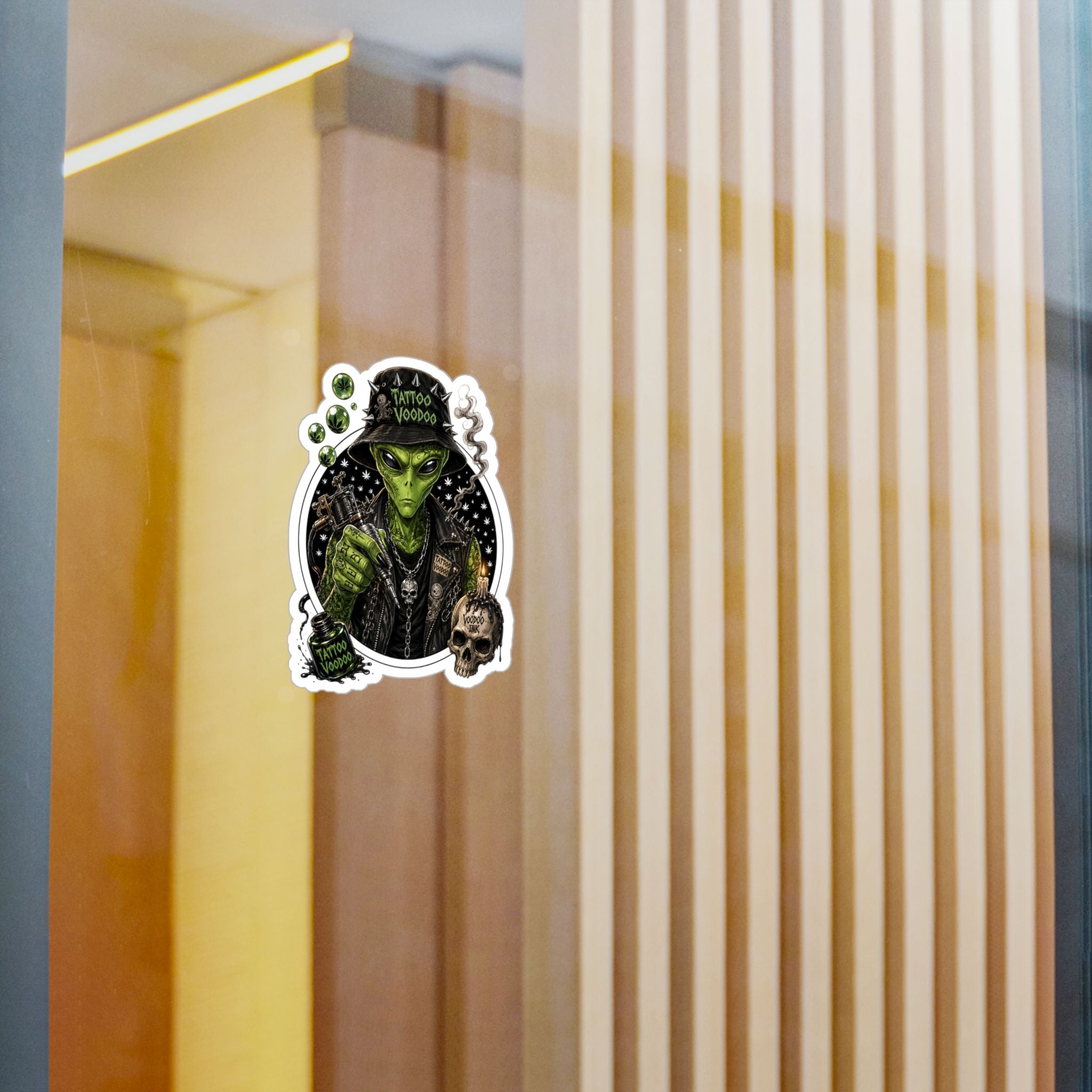 Alien Voodoo Tattoo Kiss-Cut Vinyl Decal — Green Alien with Skull & Smoke