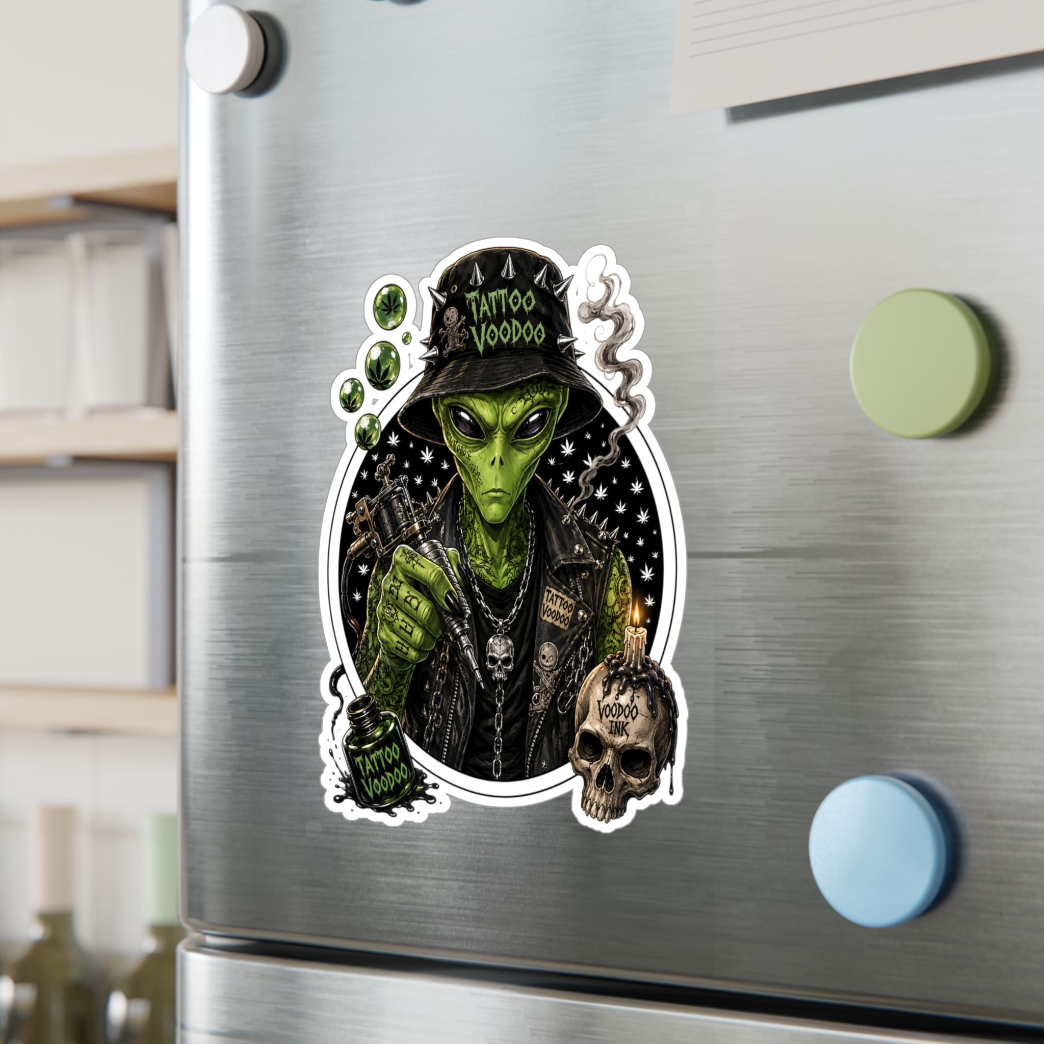 Alien Voodoo Tattoo Kiss-Cut Vinyl Decal — Green Alien with Skull & Smoke