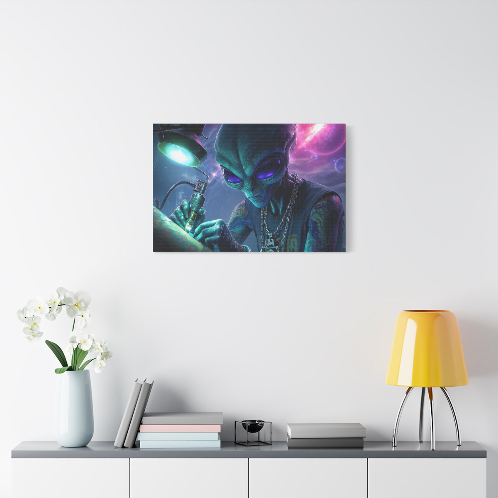 Alien Tattoo Artist Matte Canvas Print — Sci‑Fi Wall Art for Gamers & Nerd Decor