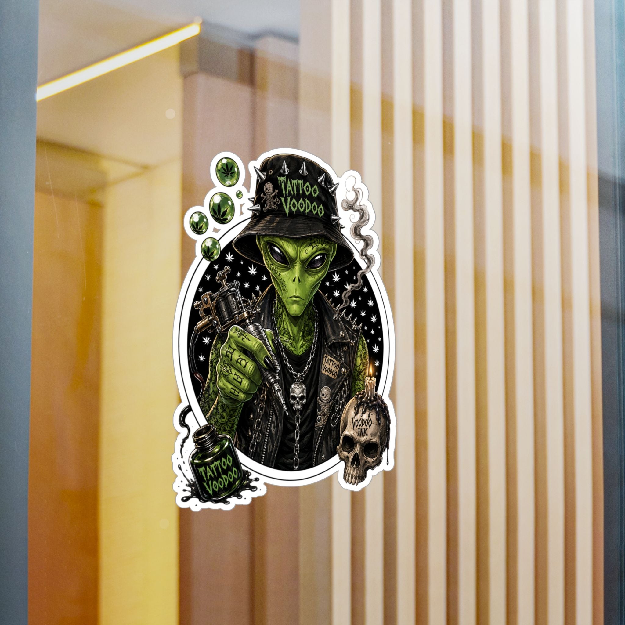 Alien Voodoo Tattoo Kiss-Cut Vinyl Decal — Green Alien with Skull & Smoke