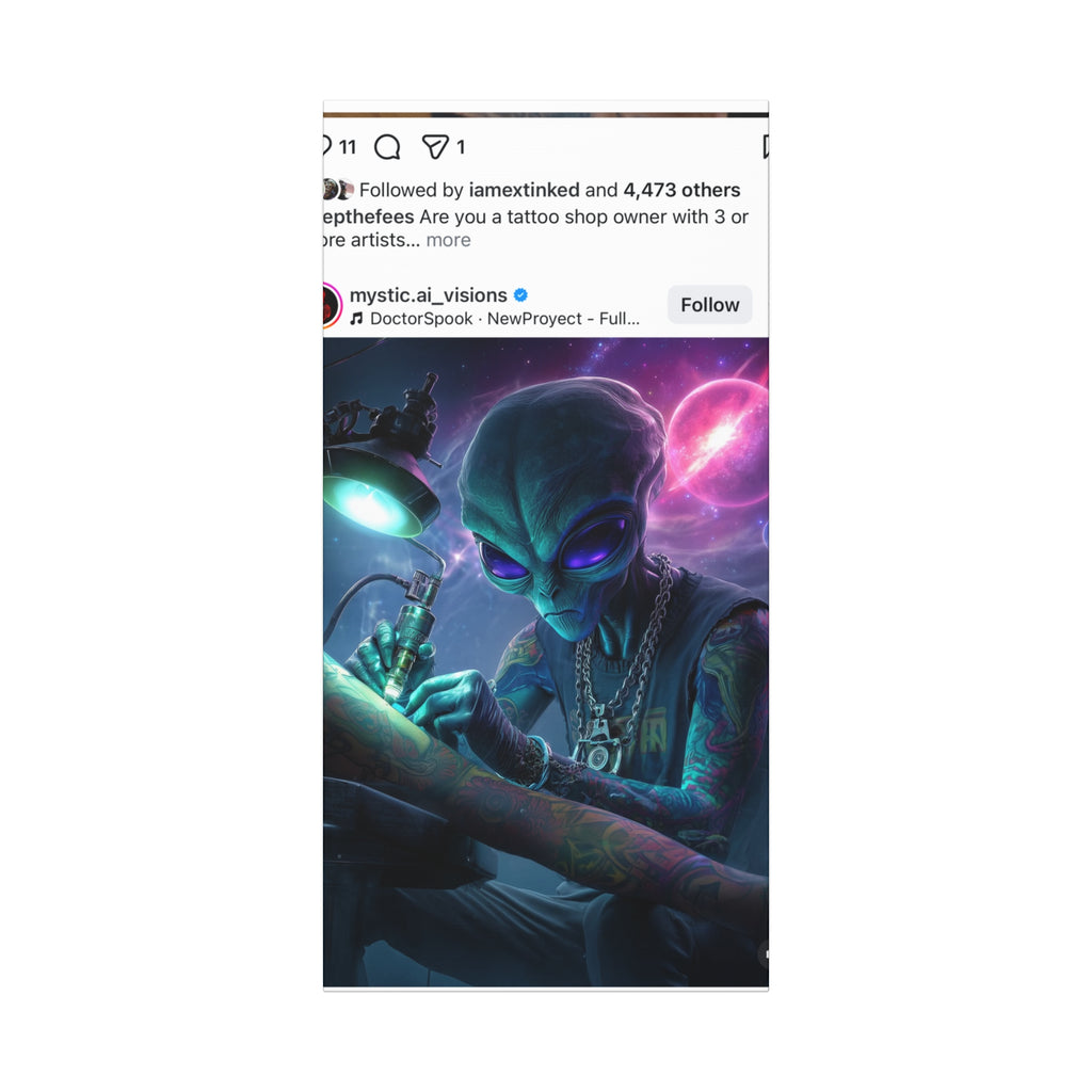 Alien Tattoo Artist Matte Canvas Print — Sci‑Fi Wall Art for Gamers & Nerd Decor