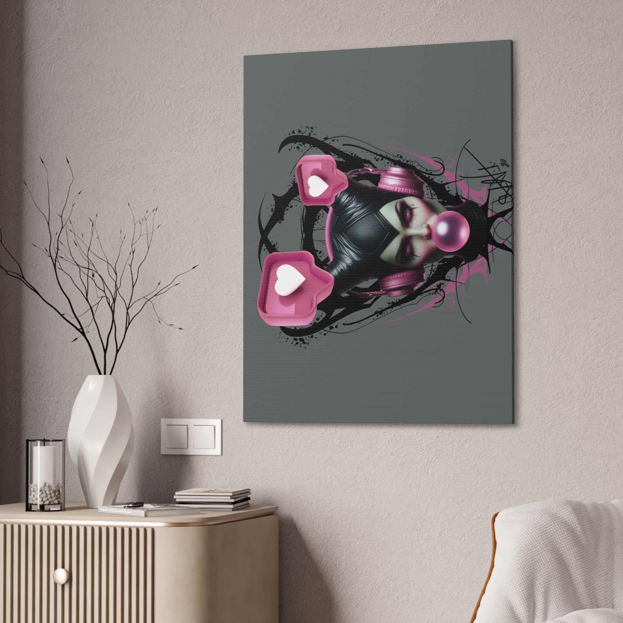 Gothic Pop Art Canvas Print — Pink Headphones & Bubblegum Femme