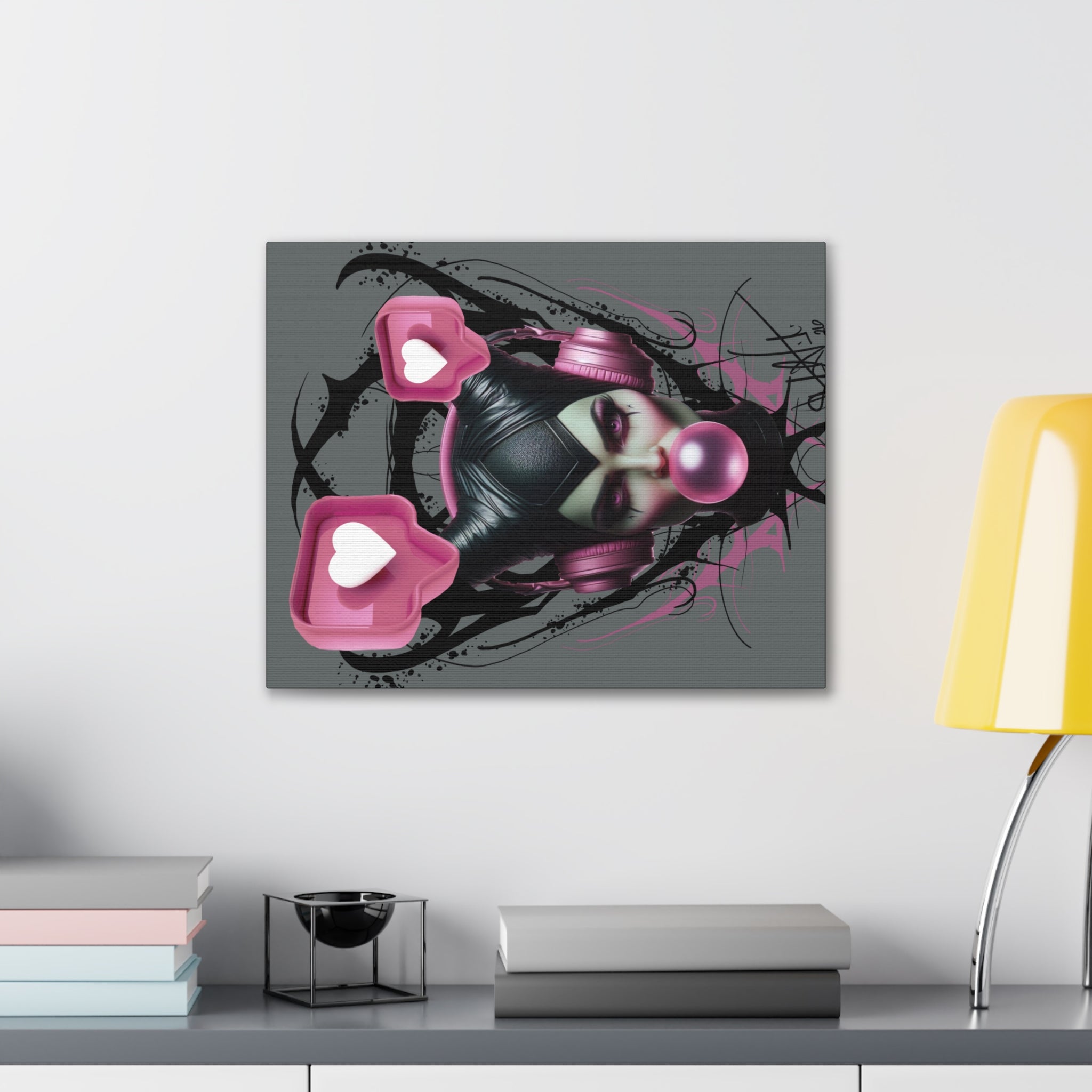 Gothic Pop Art Canvas Print — Pink Headphones & Bubblegum Femme