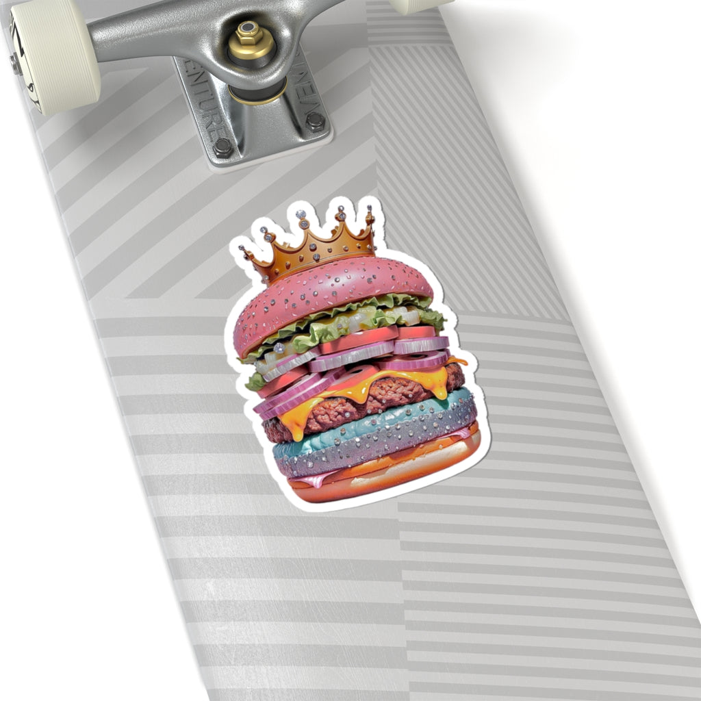 Royal Rainbow Burger Kiss-Cut Sticker — Funky Crowned Cheeseburger Decal