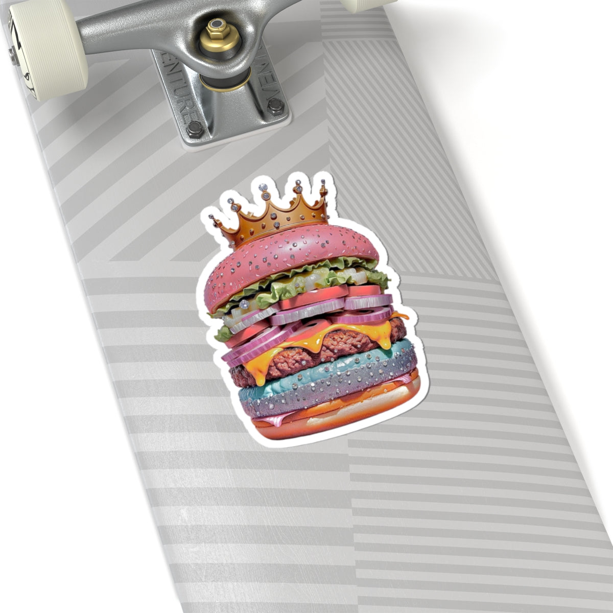 Royal Rainbow Burger Kiss-Cut Sticker — Funky Crowned Cheeseburger Decal