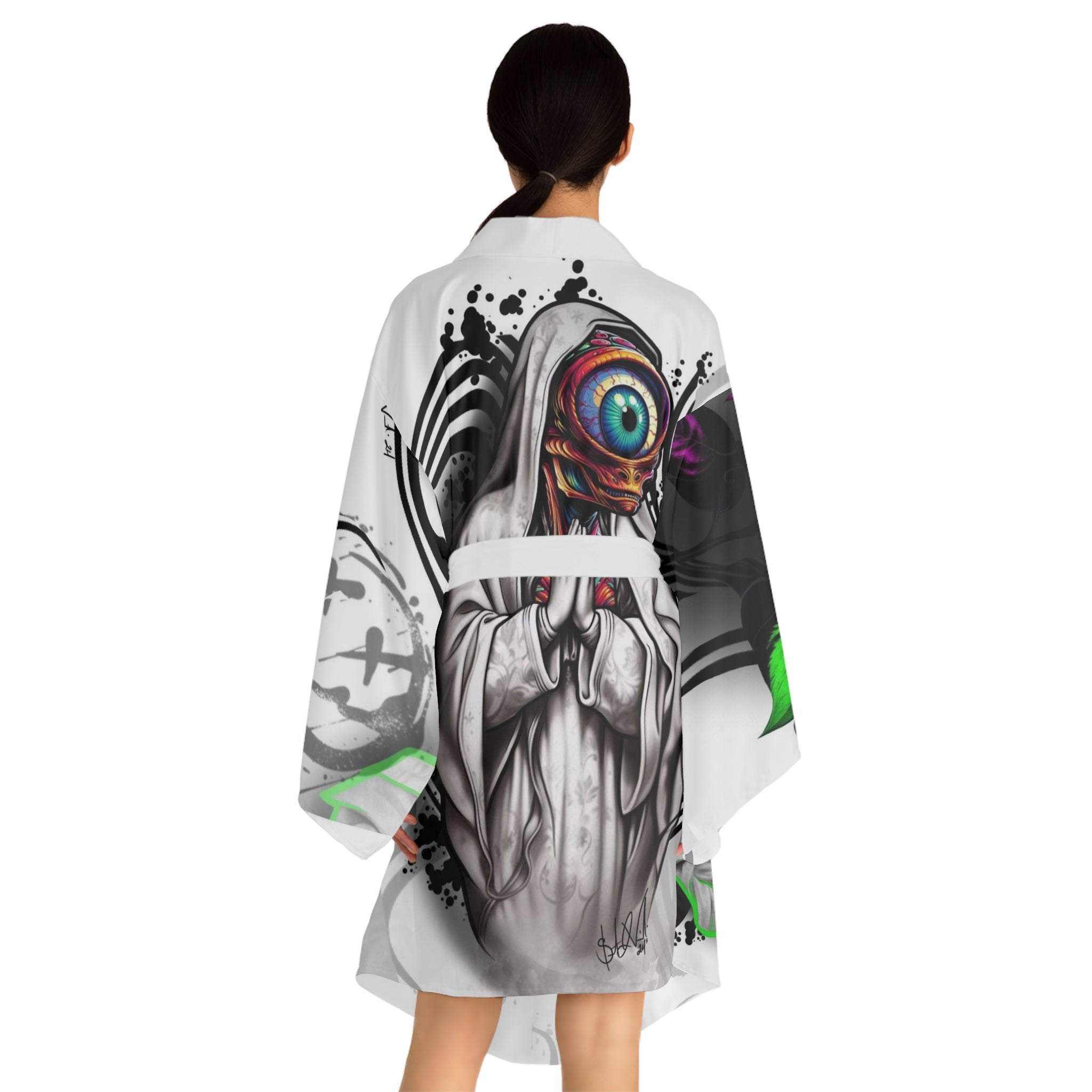 Psychedelic Kimono Robe — Colorful Surreal Rose & Hand Graphic by Artist Mizz Extinked