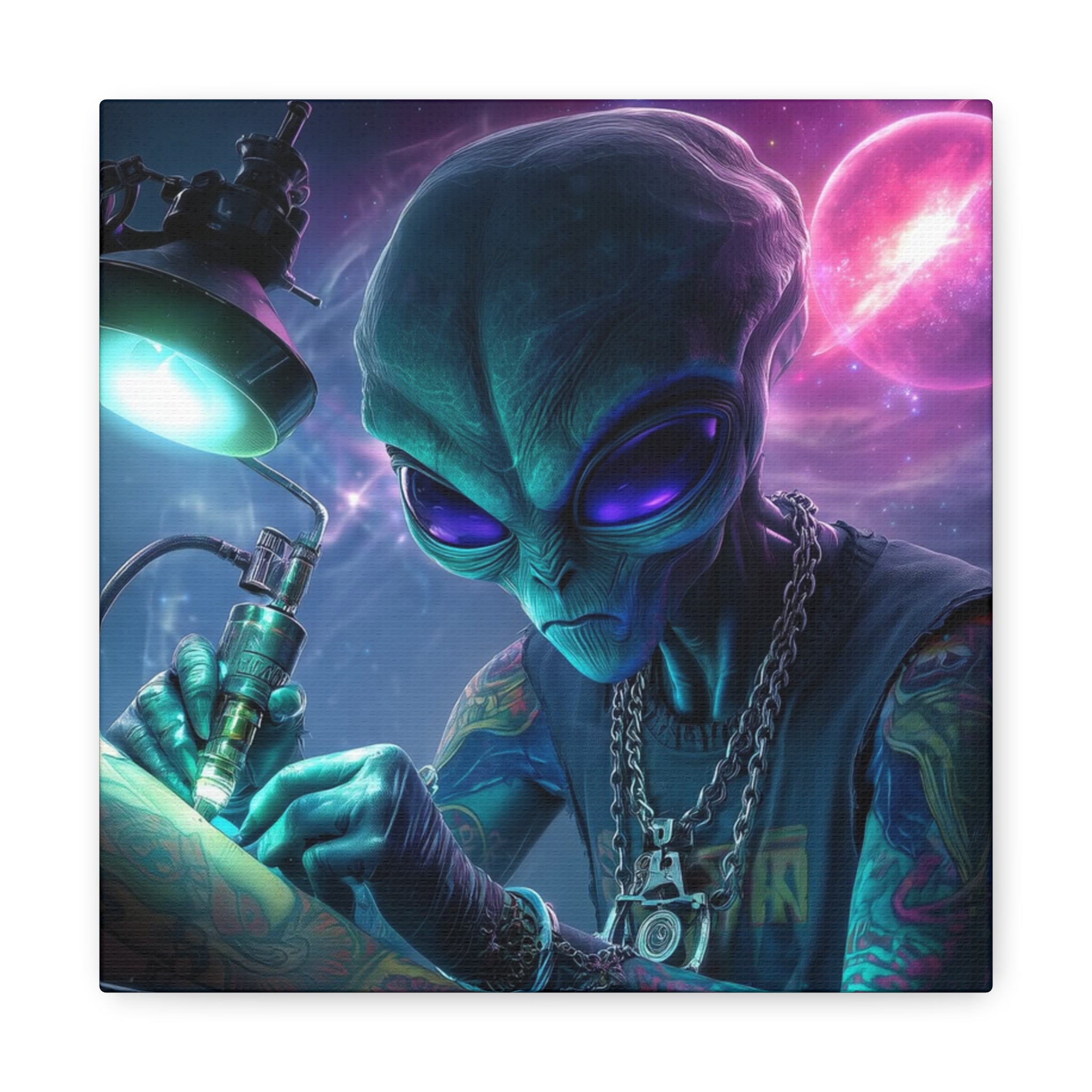 Alien Tattoo Artist Matte Canvas Print — Sci‑Fi Wall Art for Gamers & Nerd Decor