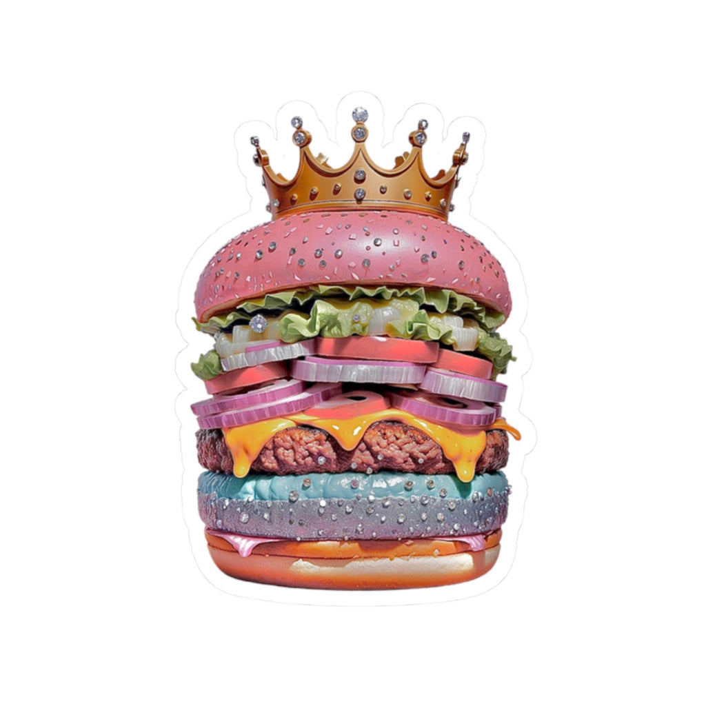 Royal Rainbow Burger Kiss-Cut Sticker — Funky Crowned Cheeseburger Decal
