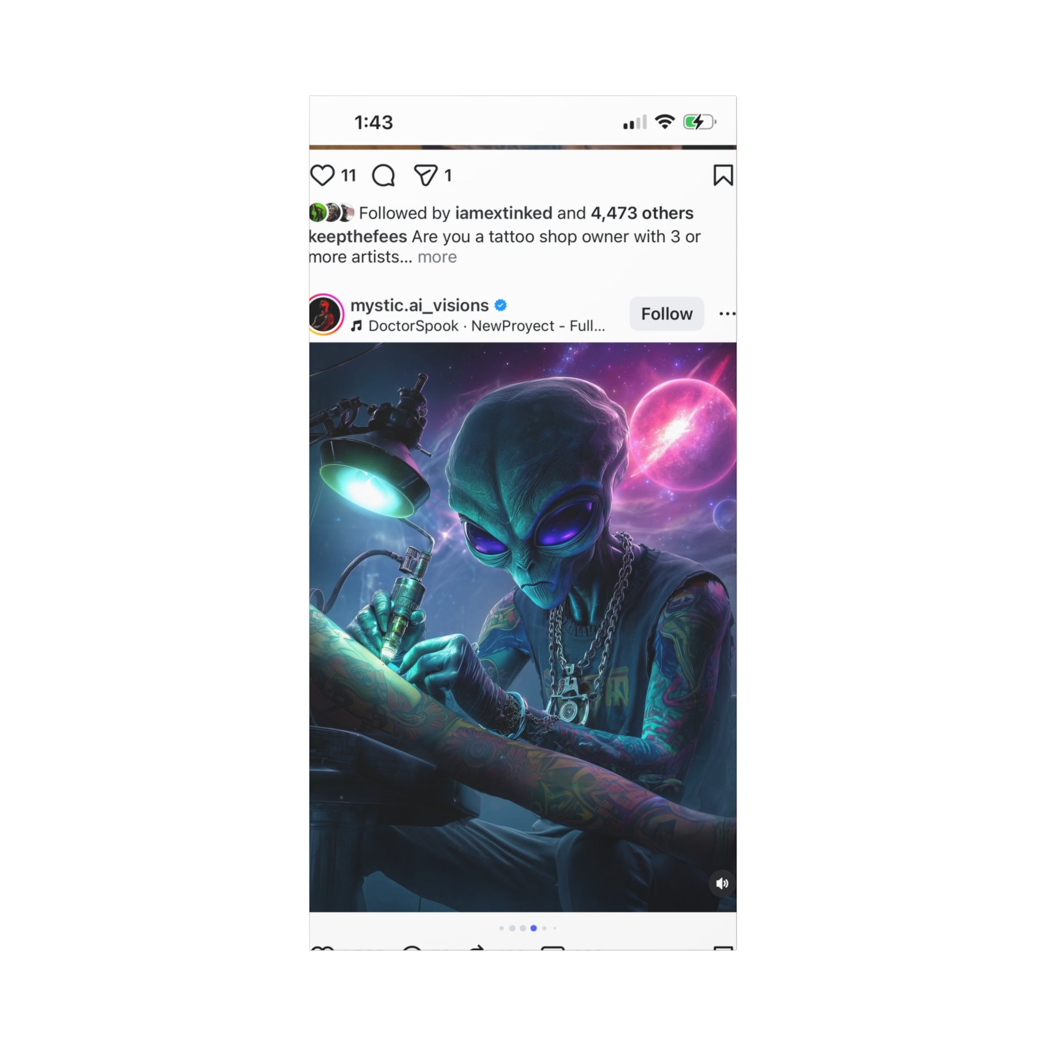 Alien Tattoo Artist Matte Canvas Print — Sci‑Fi Wall Art for Gamers & Nerd Decor