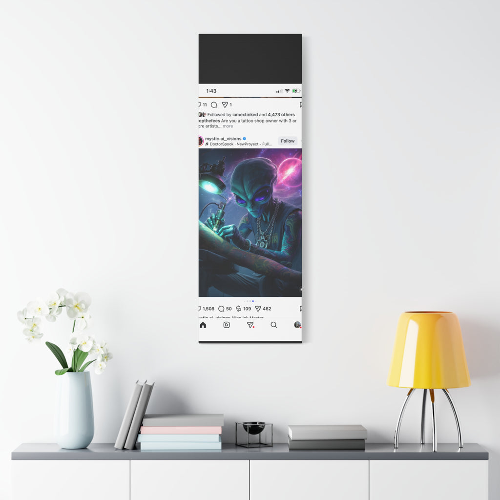 Alien Tattoo Artist Matte Canvas Print — Sci‑Fi Wall Art for Gamers & Nerd Decor